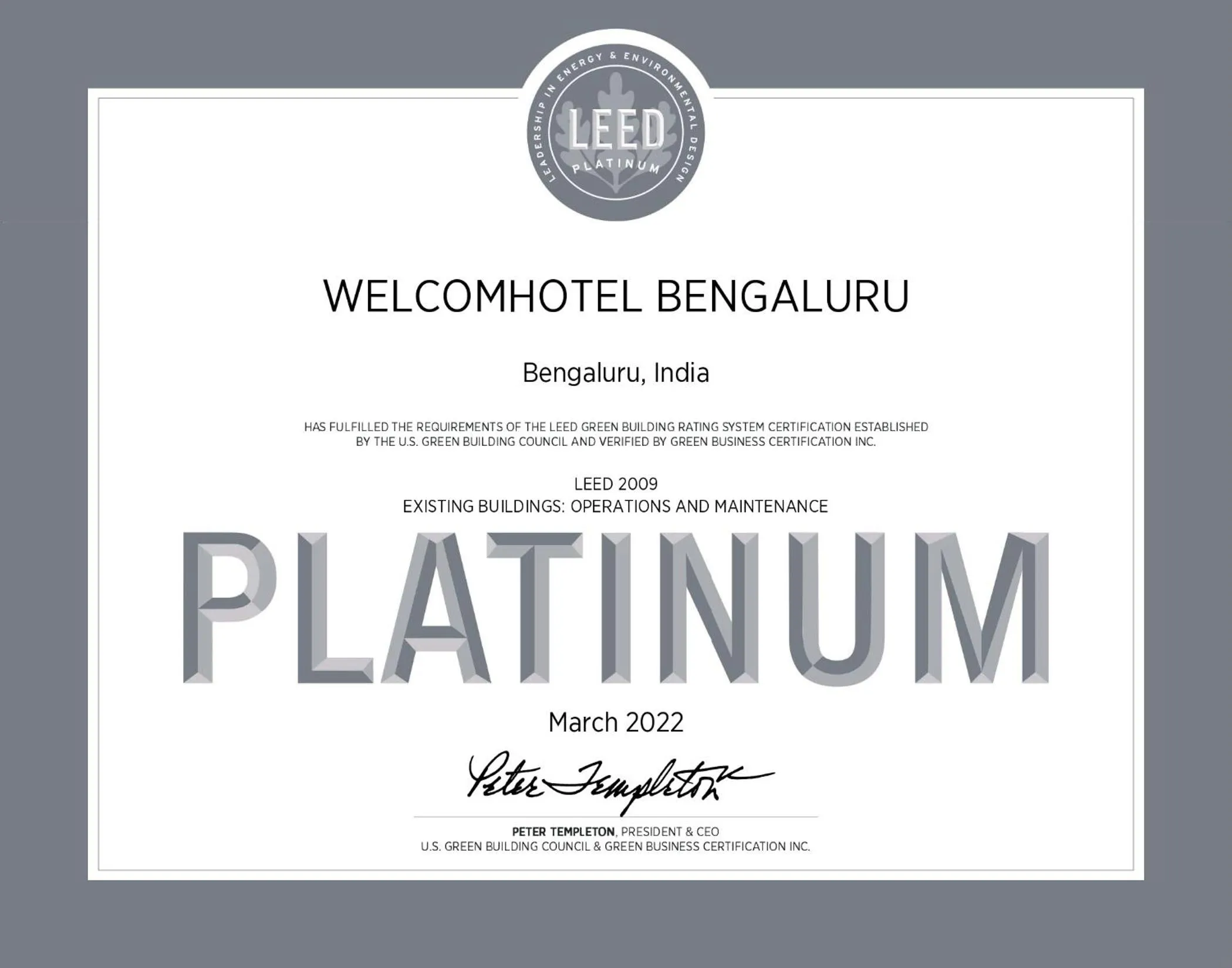 Certificate/Award in Welcomhotel by ITC Hotels, Richmond Road, Bengaluru