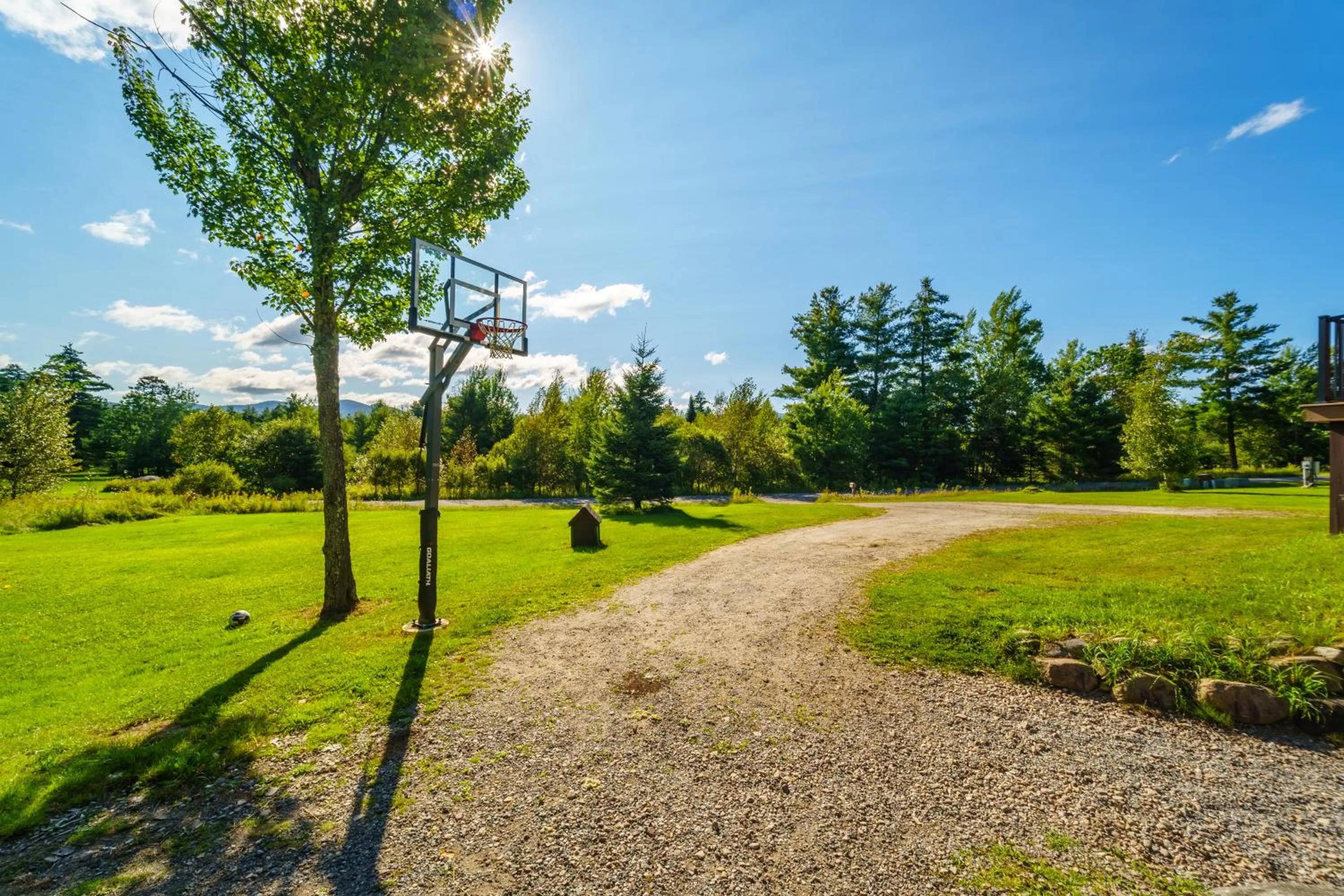 Inner courtyard view in Adirondack Alpine Cabin with Hot Tub, Near Whiteface, Lake Placid, Game Rm, Fenced Yard, Views