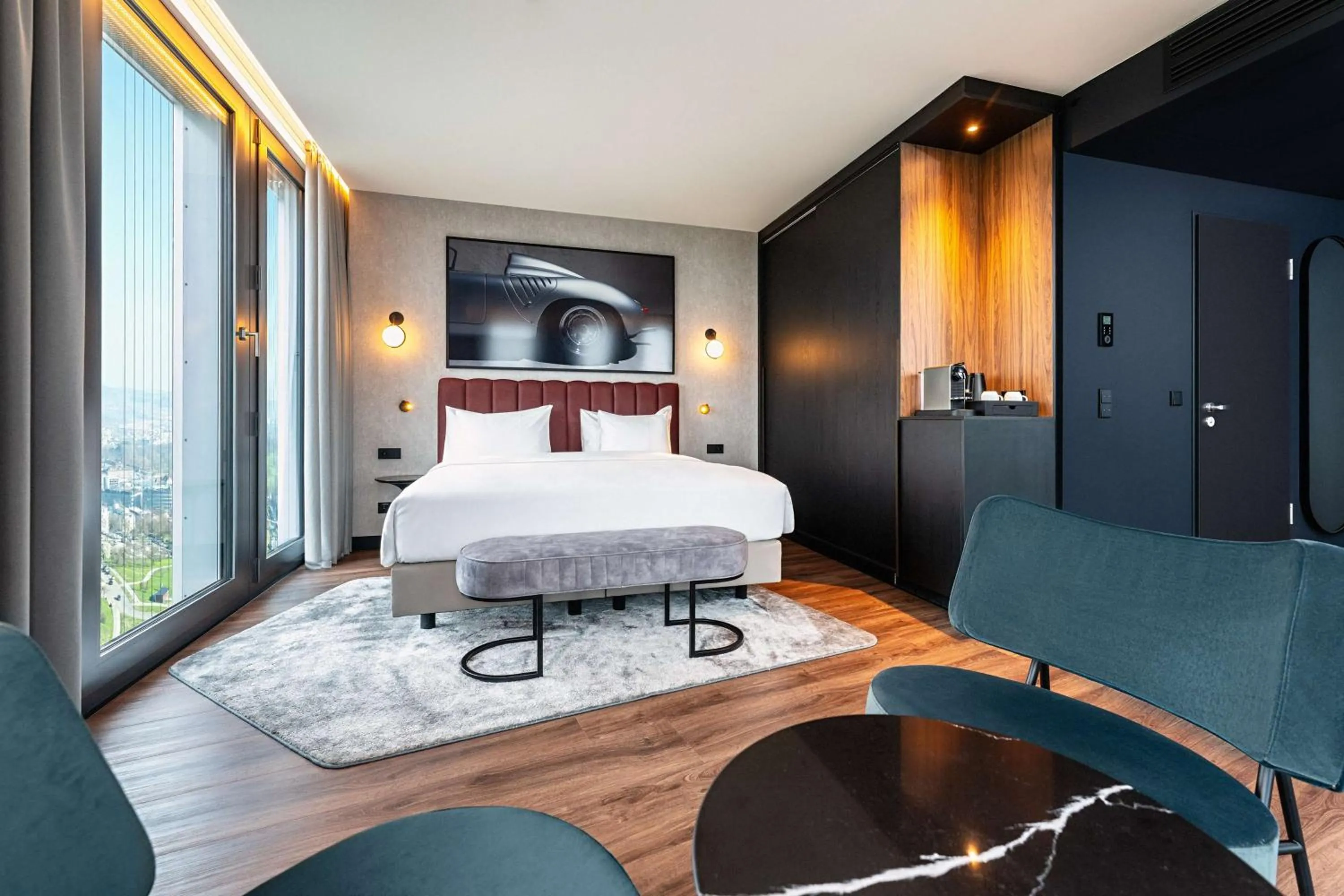 Bedroom, Bed in Radisson Blu Hotel at Porsche Design Tower Stuttgart