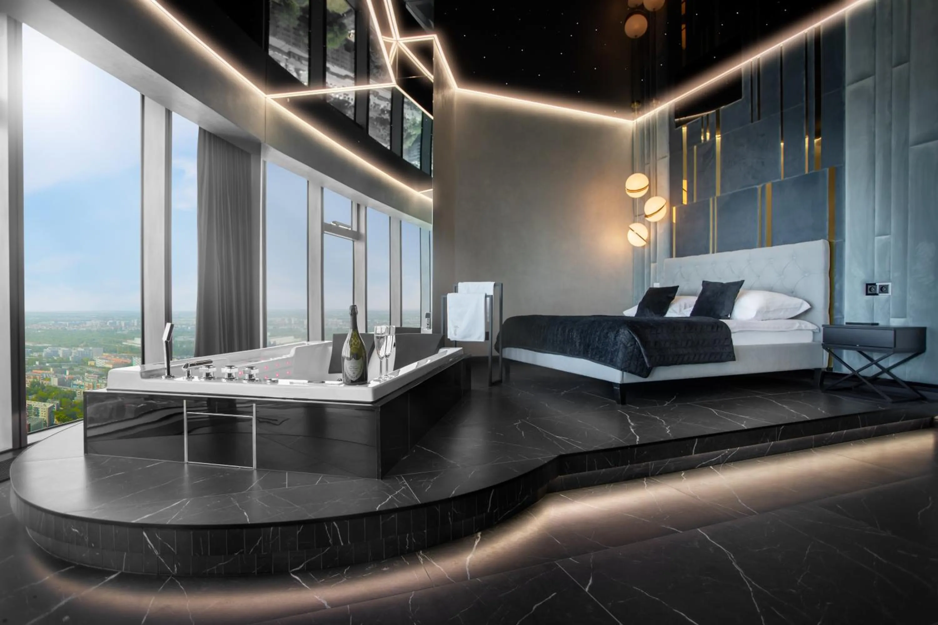 Living room, Bed in In The Sky - Apartamenty w Sky Tower