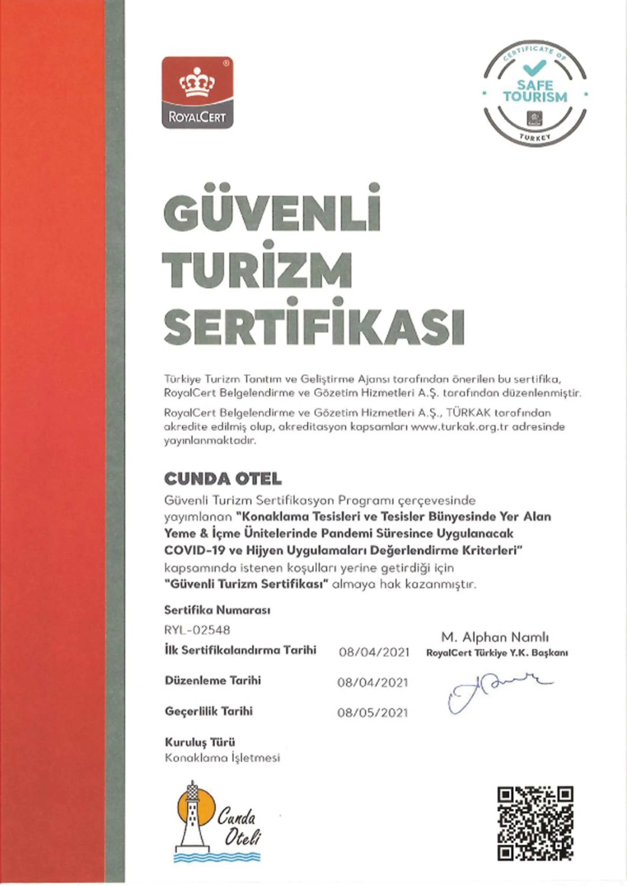 Certificate/Award in Cunda Hotel