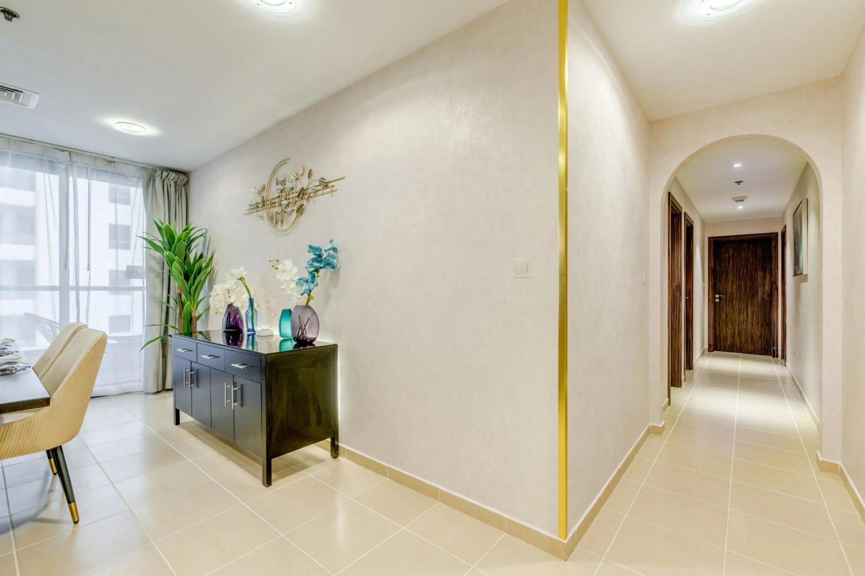 Living room in GLOBALSTAY. Modern Apartments steps to JBR Beach