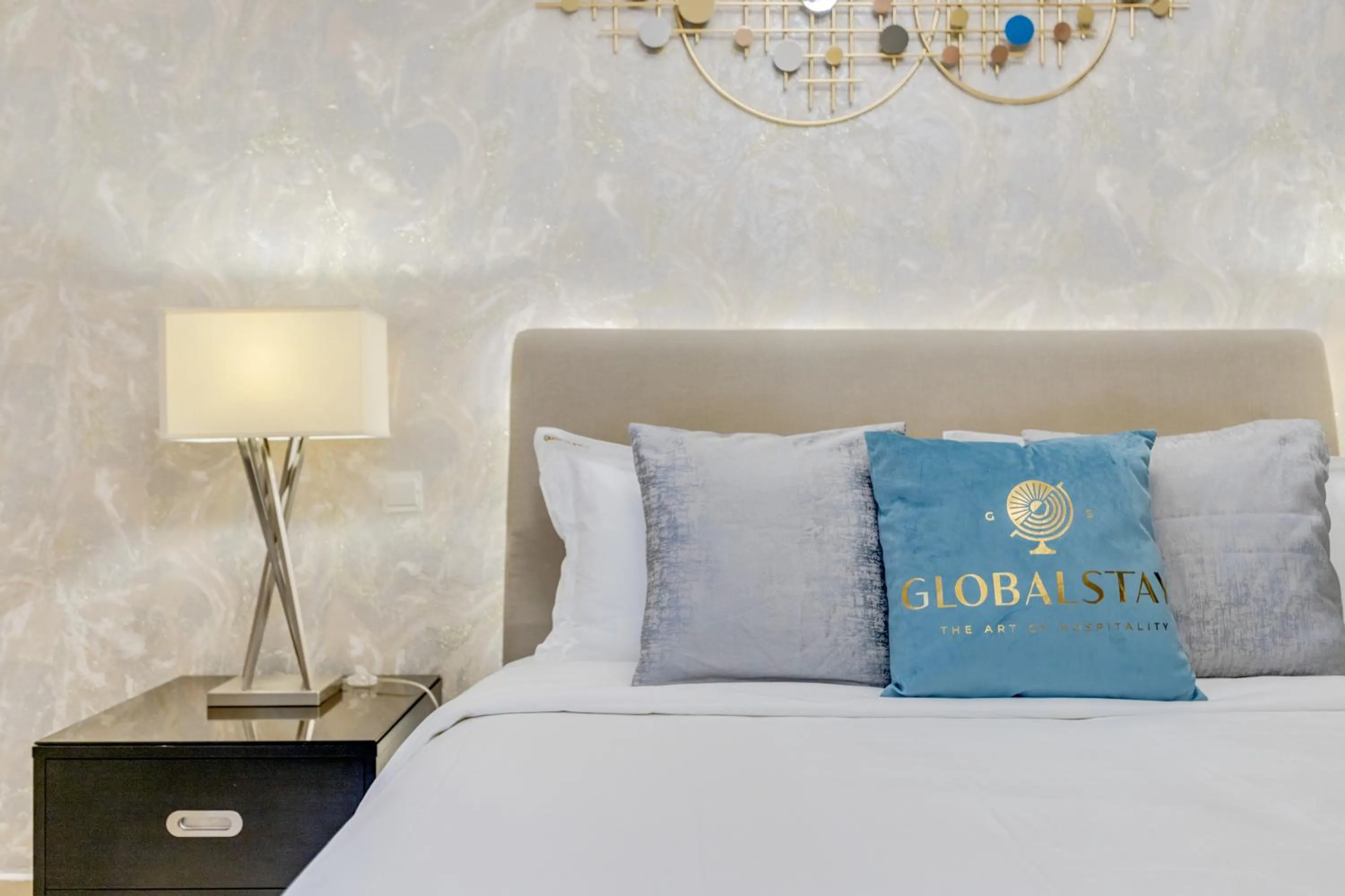 Bed in GLOBALSTAY. Modern Apartments steps to JBR Beach