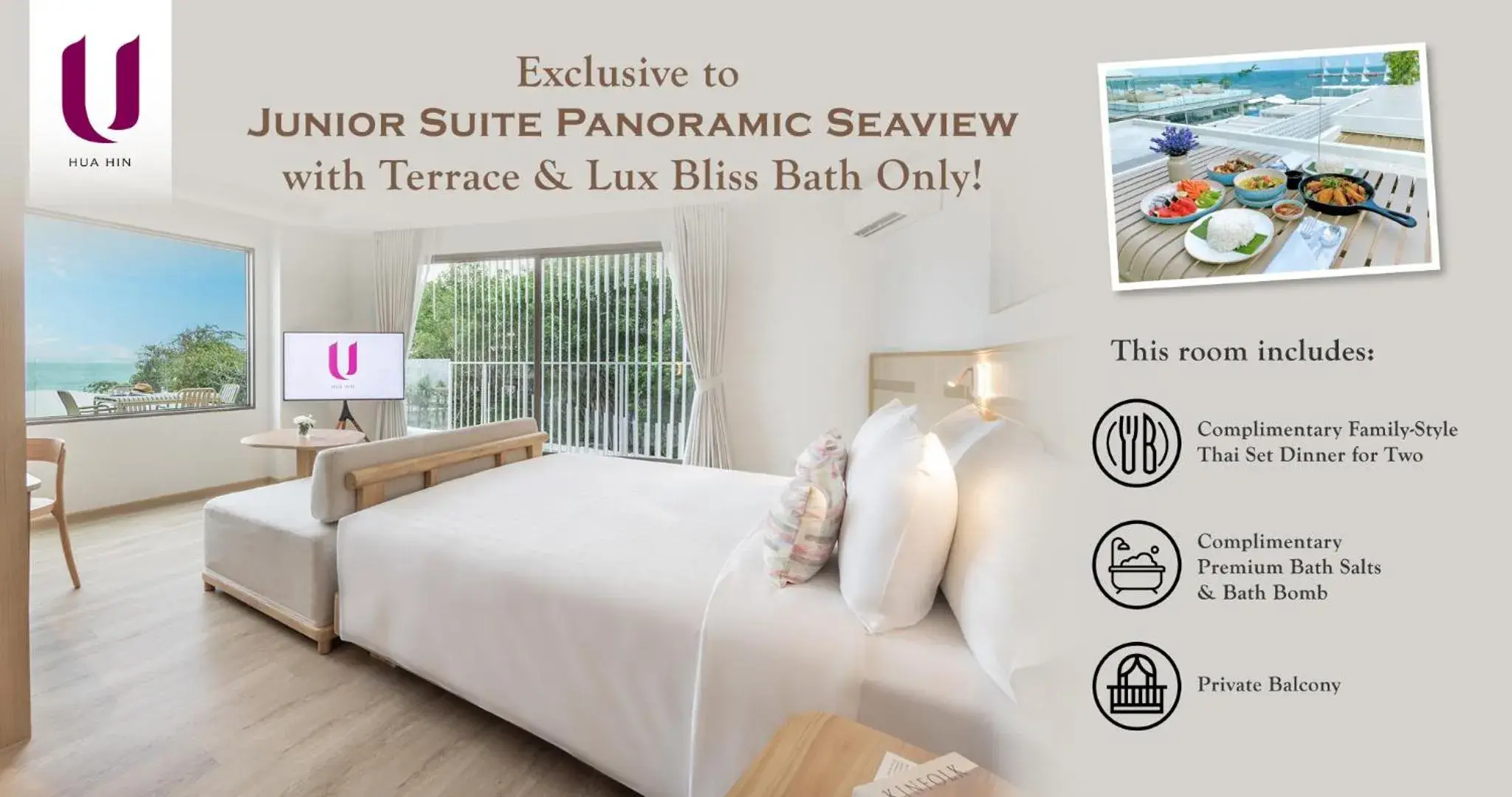 Junior Suite Panoramic Seaview with Terrace & Lux Bliss Bath (24 Hours Use of Room) in U Hua Hin Junior Suite Panoramic Seaview with Terrace & Lux Bliss Bath (24 Hours Use of Room) in U Hua Hin
