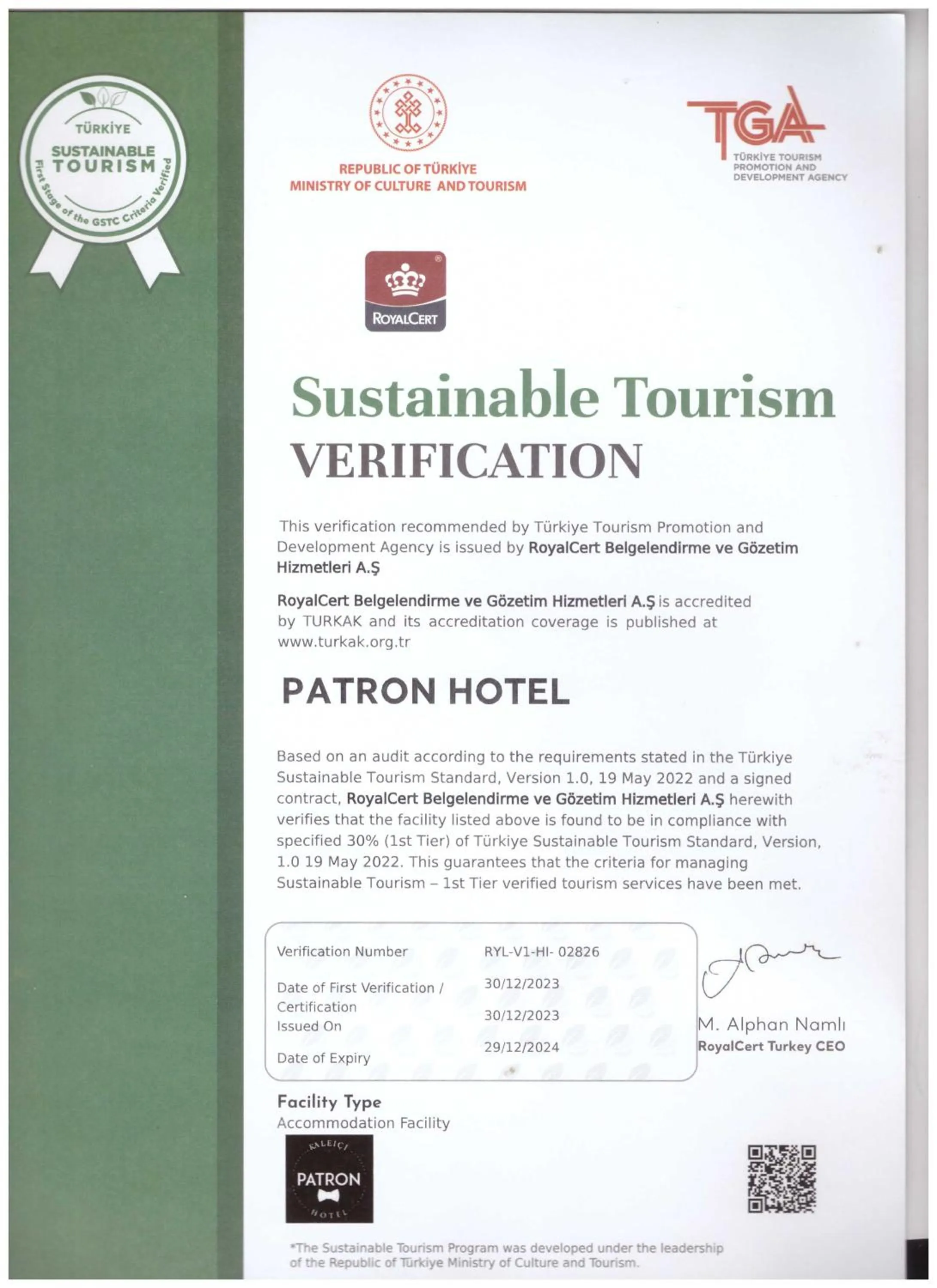 Certificate/Award in Patron Hotel