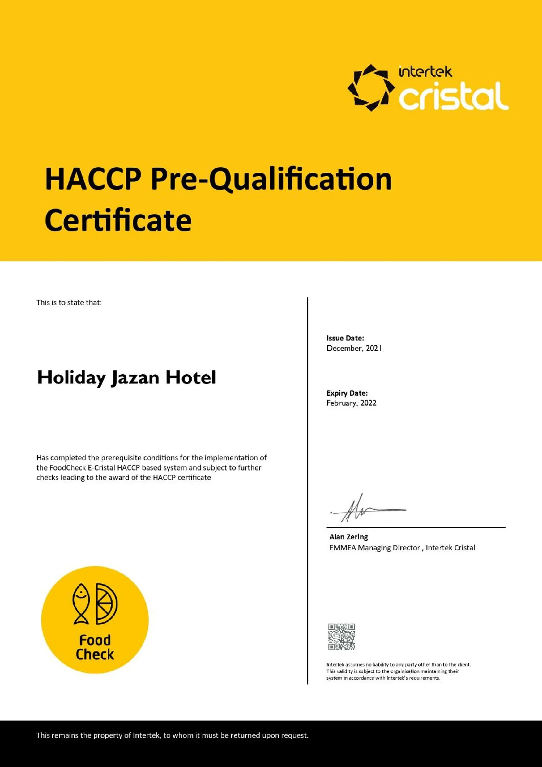 Certificate/Award in Holiday Jazan Hotel
