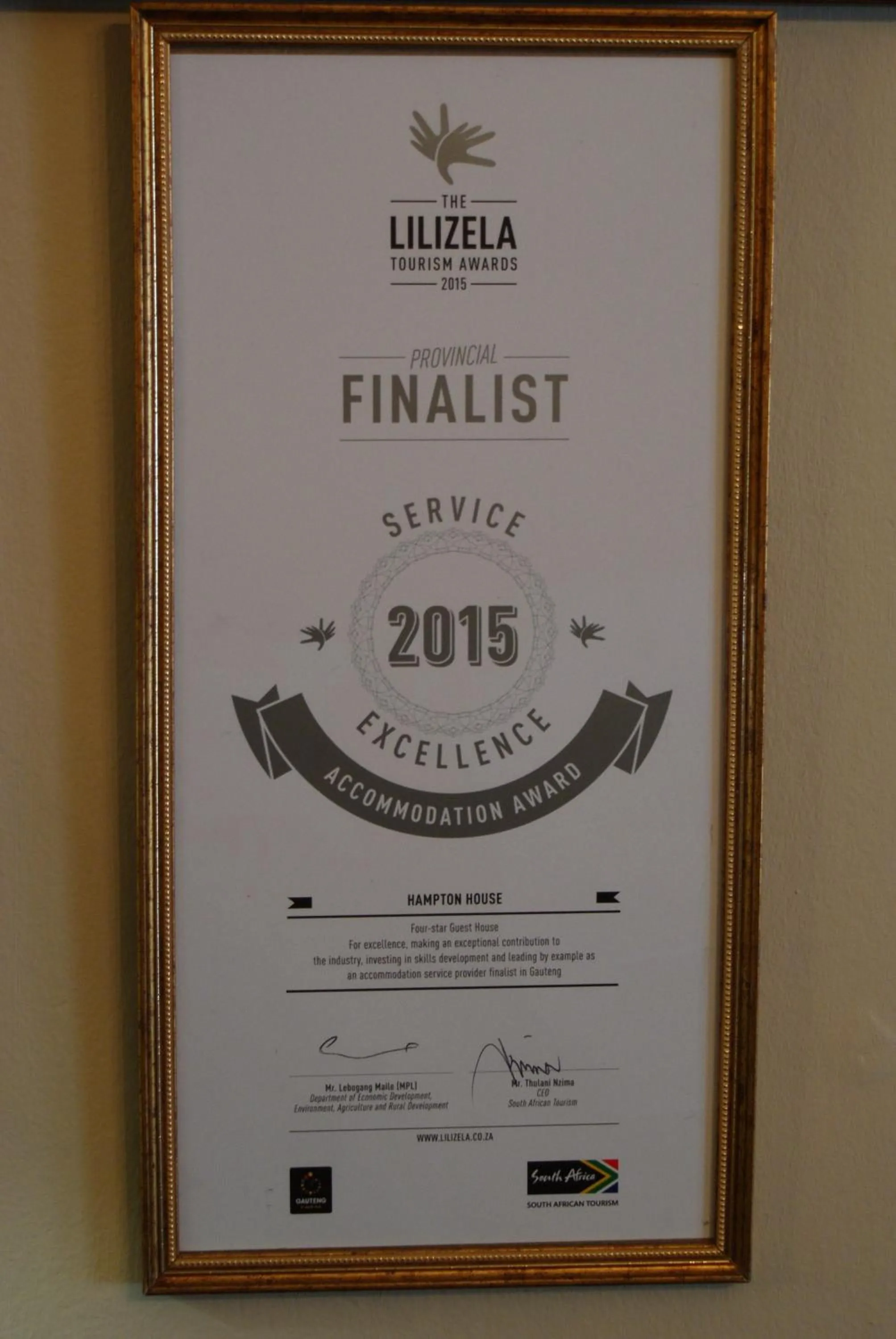 Certificate/Award in Hampton House Guest House