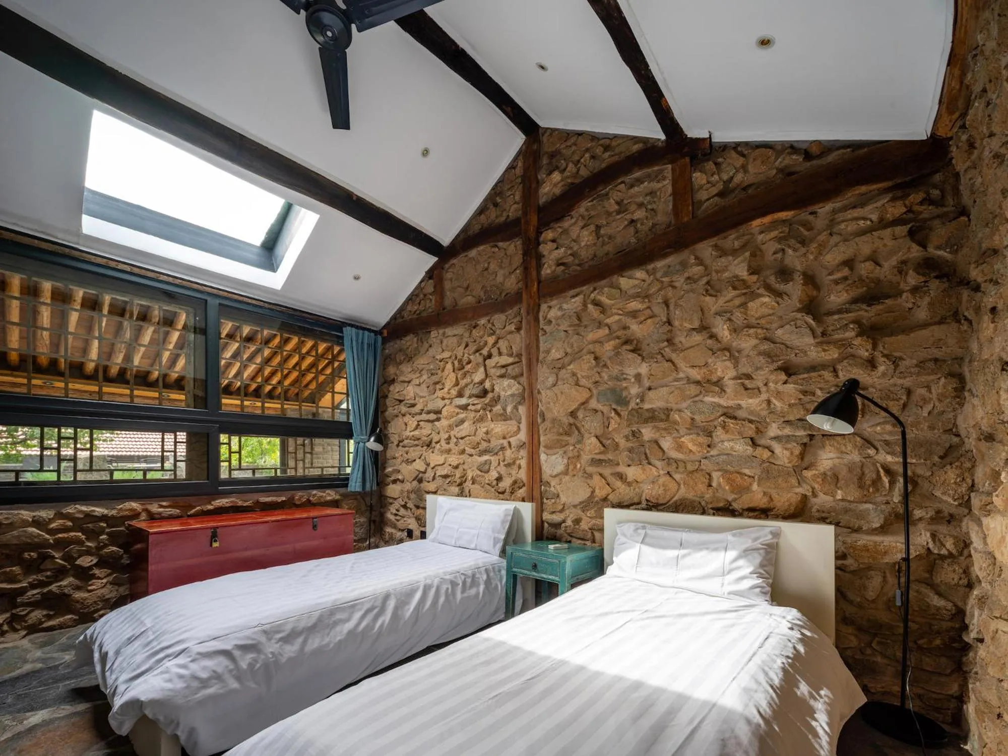 Bedroom, Bed in Brickyard Retreat at Mutianyu Great Wall Adjoin to Mutianyu Great Wall - Room with the View of Great Wall - Jacuzzi with the View of Great Wall - Vehicle Shuttle Service - International Catering - SPA& Nail Beauty Facilities