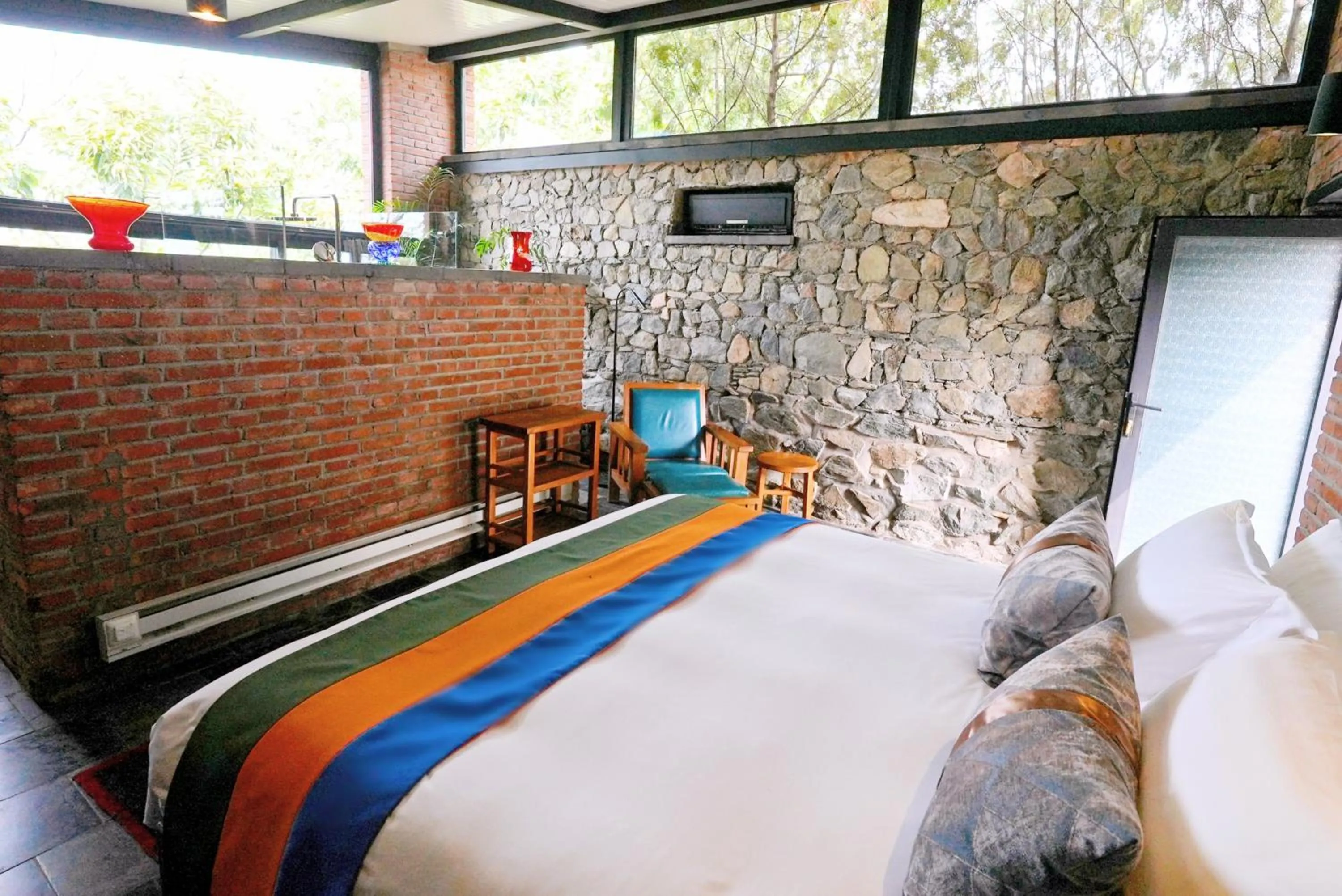 Bedroom, Bed in Brickyard Retreat at Mutianyu Great Wall Adjoin to Mutianyu Great Wall - Room with the View of Great Wall - Jacuzzi with the View of Great Wall - Vehicle Shuttle Service - International Catering - SPA& Nail Beauty Facilities