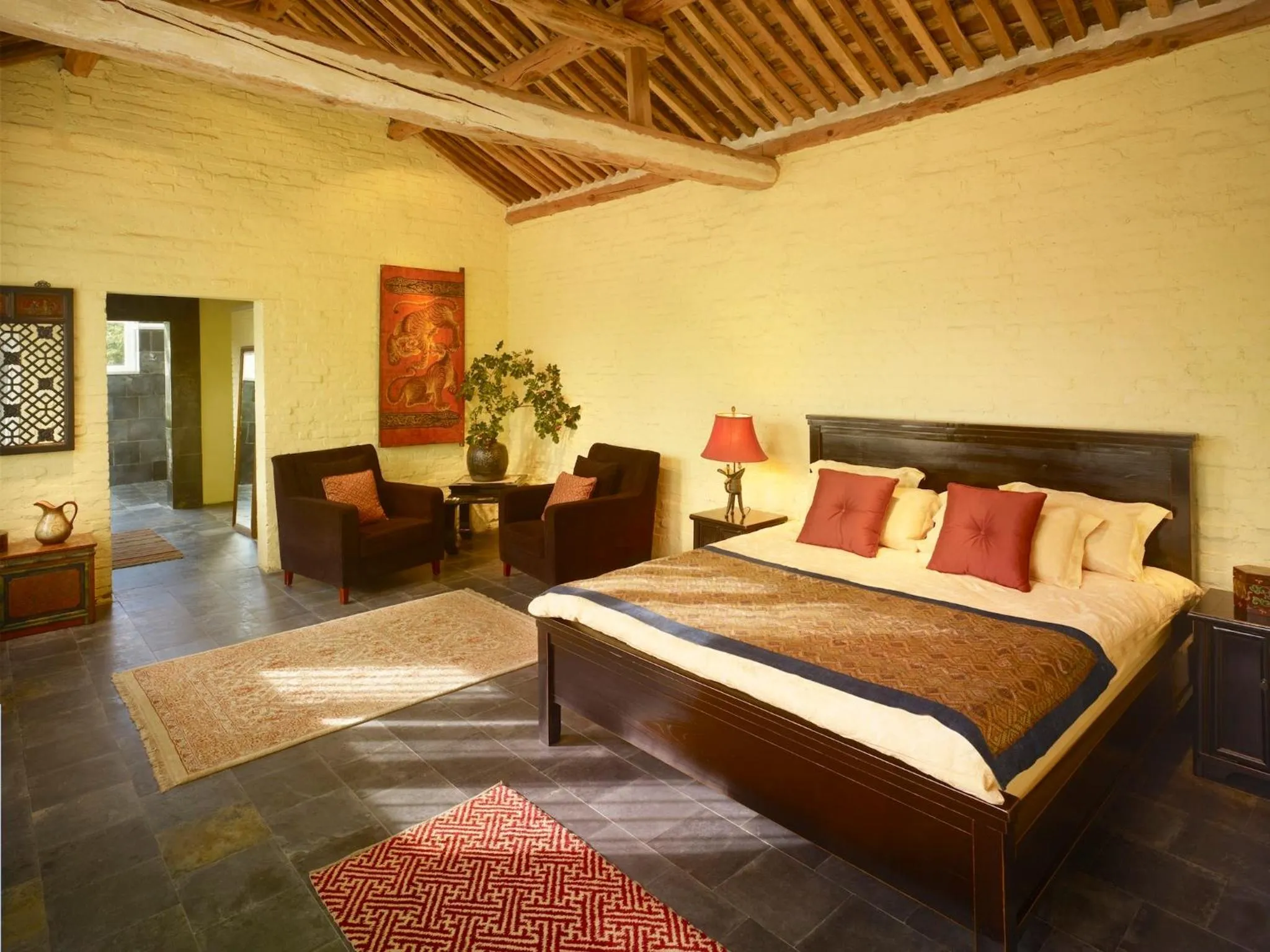 Photo of the whole room, Bed in Brickyard Retreat at Mutianyu Great Wall Adjoin to Mutianyu Great Wall - Room with the View of Great Wall - Jacuzzi with the View of Great Wall - Vehicle Shuttle Service - International Catering - SPA& Nail Beauty Facilities