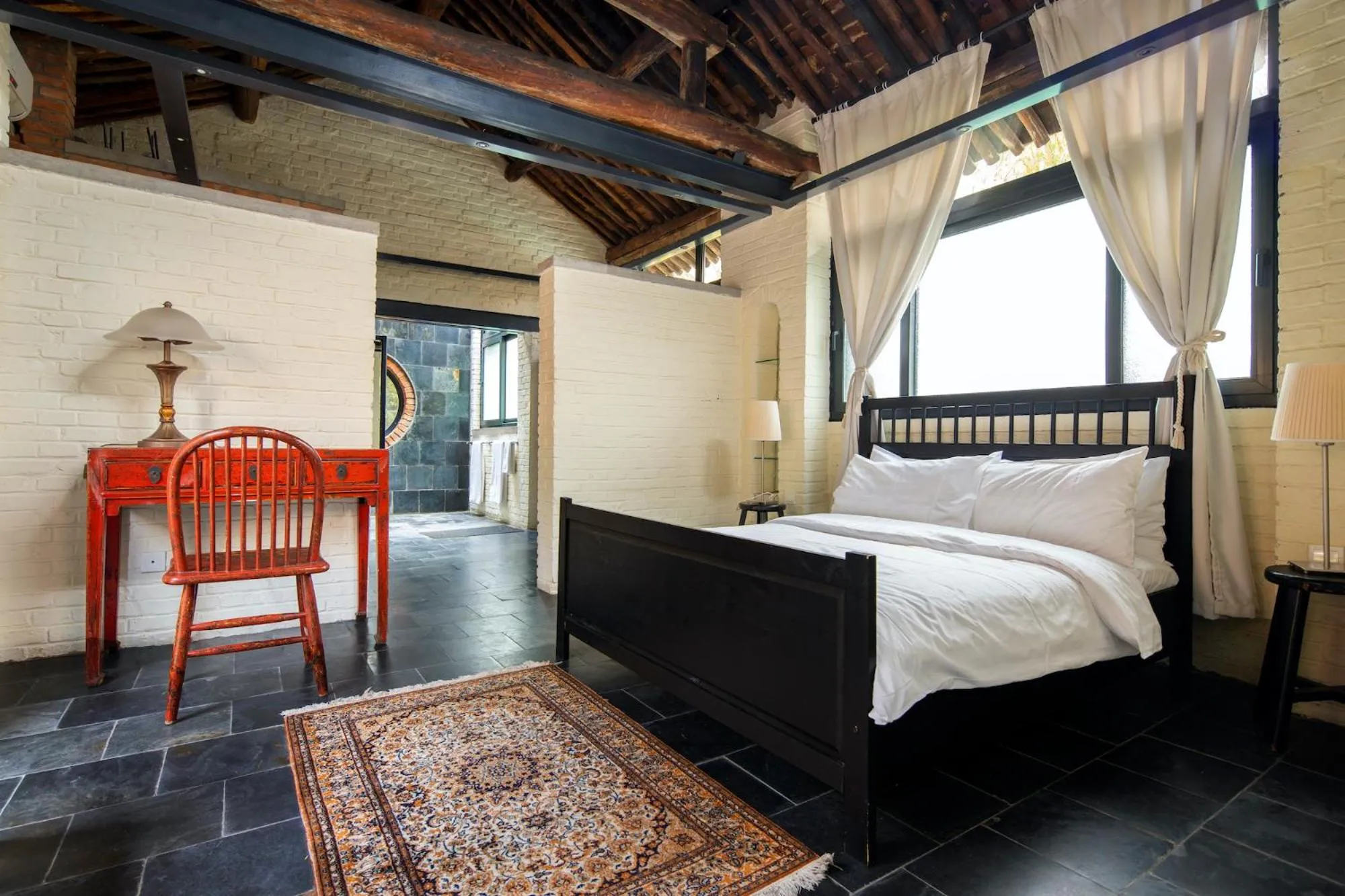 Bedroom, Bed in Brickyard Retreat at Mutianyu Great Wall Adjoin to Mutianyu Great Wall - Room with the View of Great Wall - Jacuzzi with the View of Great Wall - Vehicle Shuttle Service - International Catering - SPA& Nail Beauty Facilities