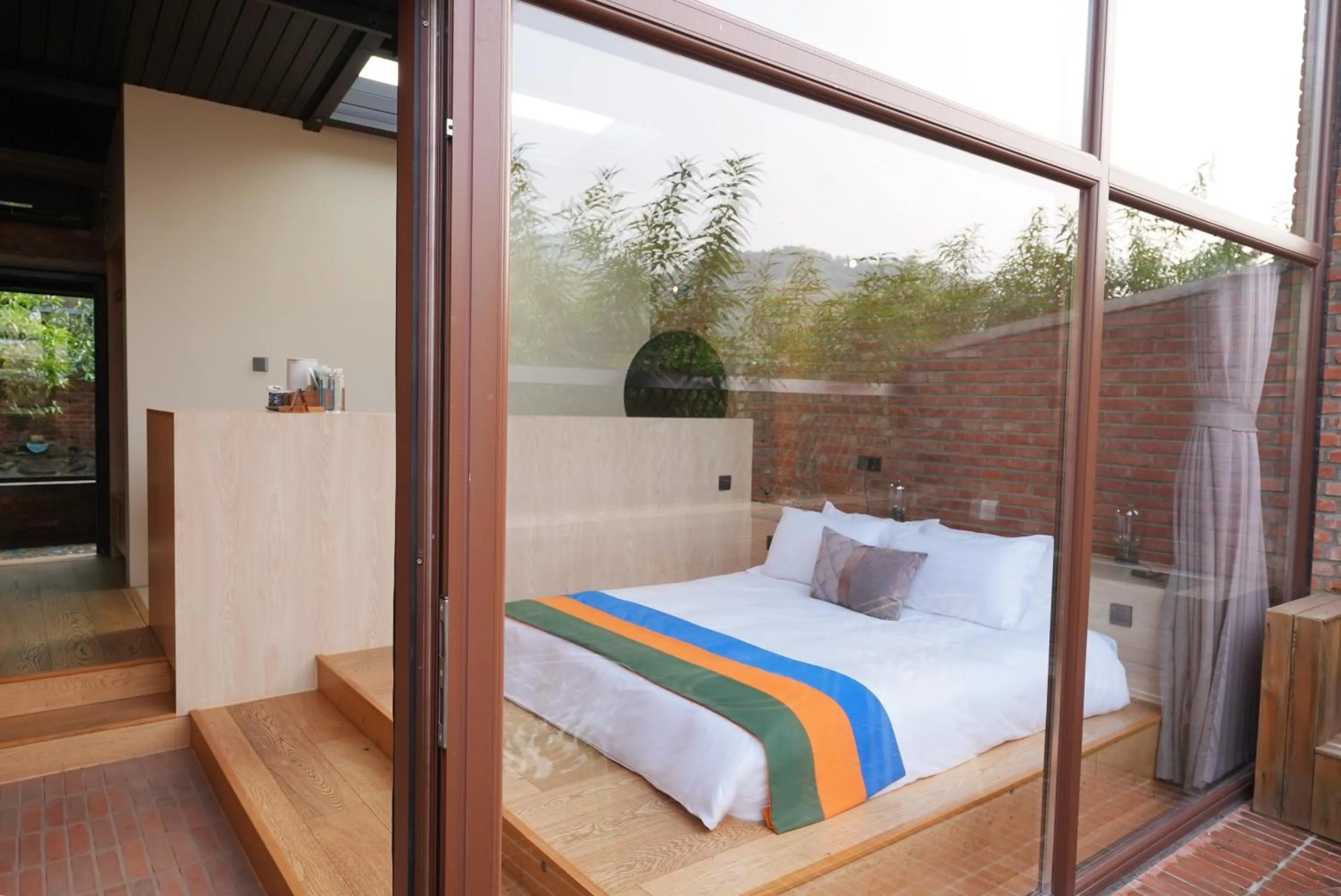 Bedroom, Bed in Brickyard Retreat at Mutianyu Great Wall Adjoin to Mutianyu Great Wall - Room with the View of Great Wall - Jacuzzi with the View of Great Wall - Vehicle Shuttle Service - International Catering - SPA& Nail Beauty Facilities