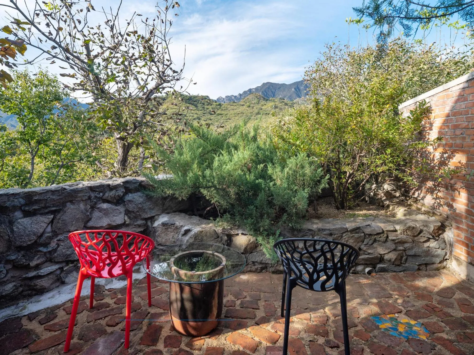 Balcony/Terrace in Brickyard Retreat at Mutianyu Great Wall Adjoin to Mutianyu Great Wall - Room with the View of Great Wall - Jacuzzi with the View of Great Wall - Vehicle Shuttle Service - International Catering - SPA& Nail Beauty Facilities