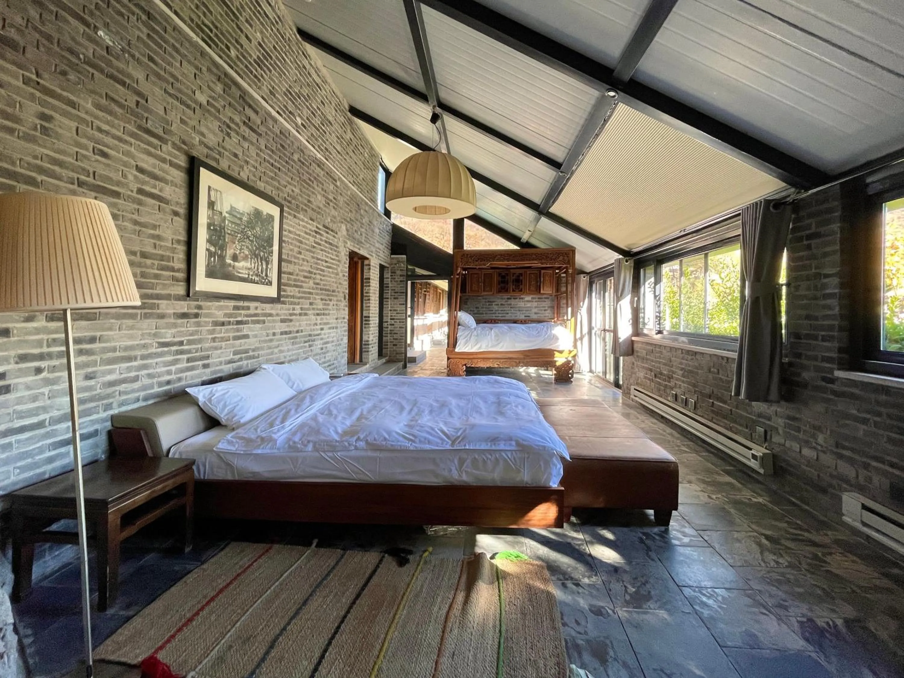 Bedroom, Bed in Brickyard Retreat at Mutianyu Great Wall Adjoin to Mutianyu Great Wall - Room with the View of Great Wall - Jacuzzi with the View of Great Wall - Vehicle Shuttle Service - International Catering - SPA& Nail Beauty Facilities