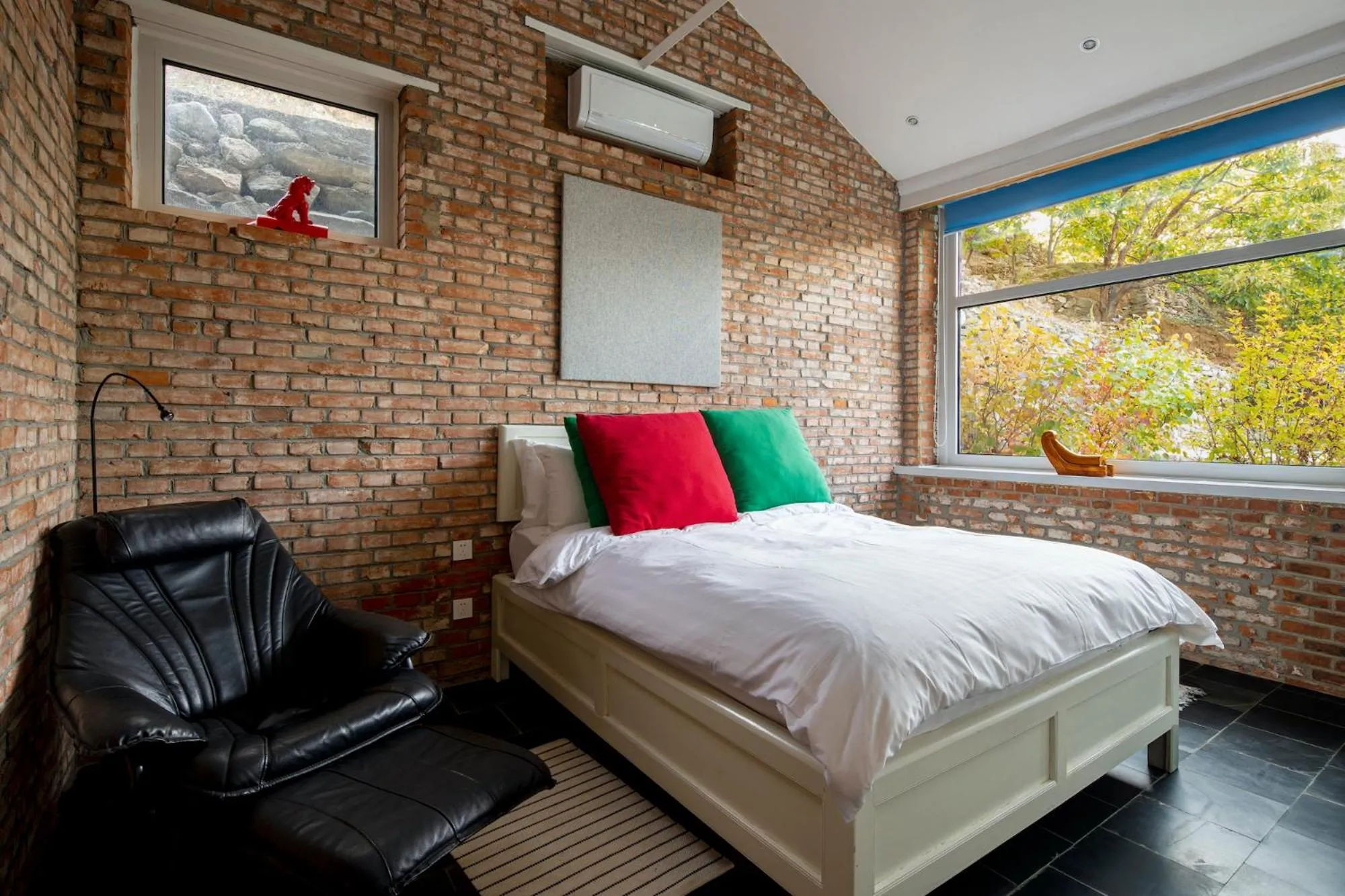 Bedroom, Bed in Brickyard Retreat at Mutianyu Great Wall Adjoin to Mutianyu Great Wall - Room with the View of Great Wall - Jacuzzi with the View of Great Wall - Vehicle Shuttle Service - International Catering - SPA& Nail Beauty Facilities