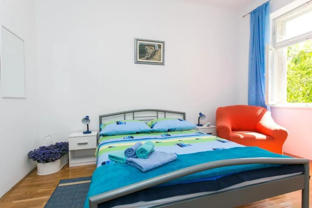 Bedroom, Bed in Apartment Blue & Green