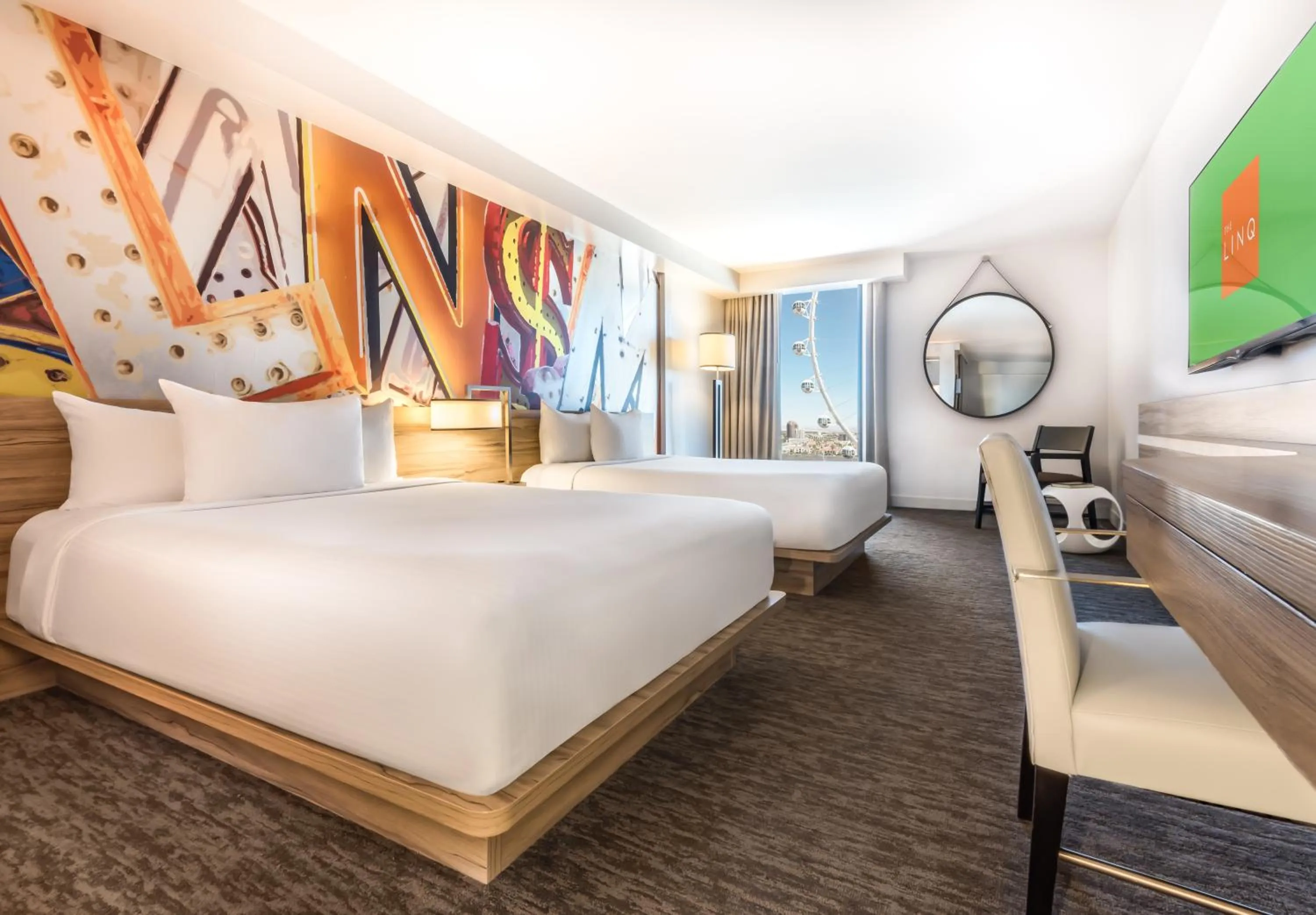 View (from property/room), Bed in The LINQ Hotel & Casino, A Caesars Destination