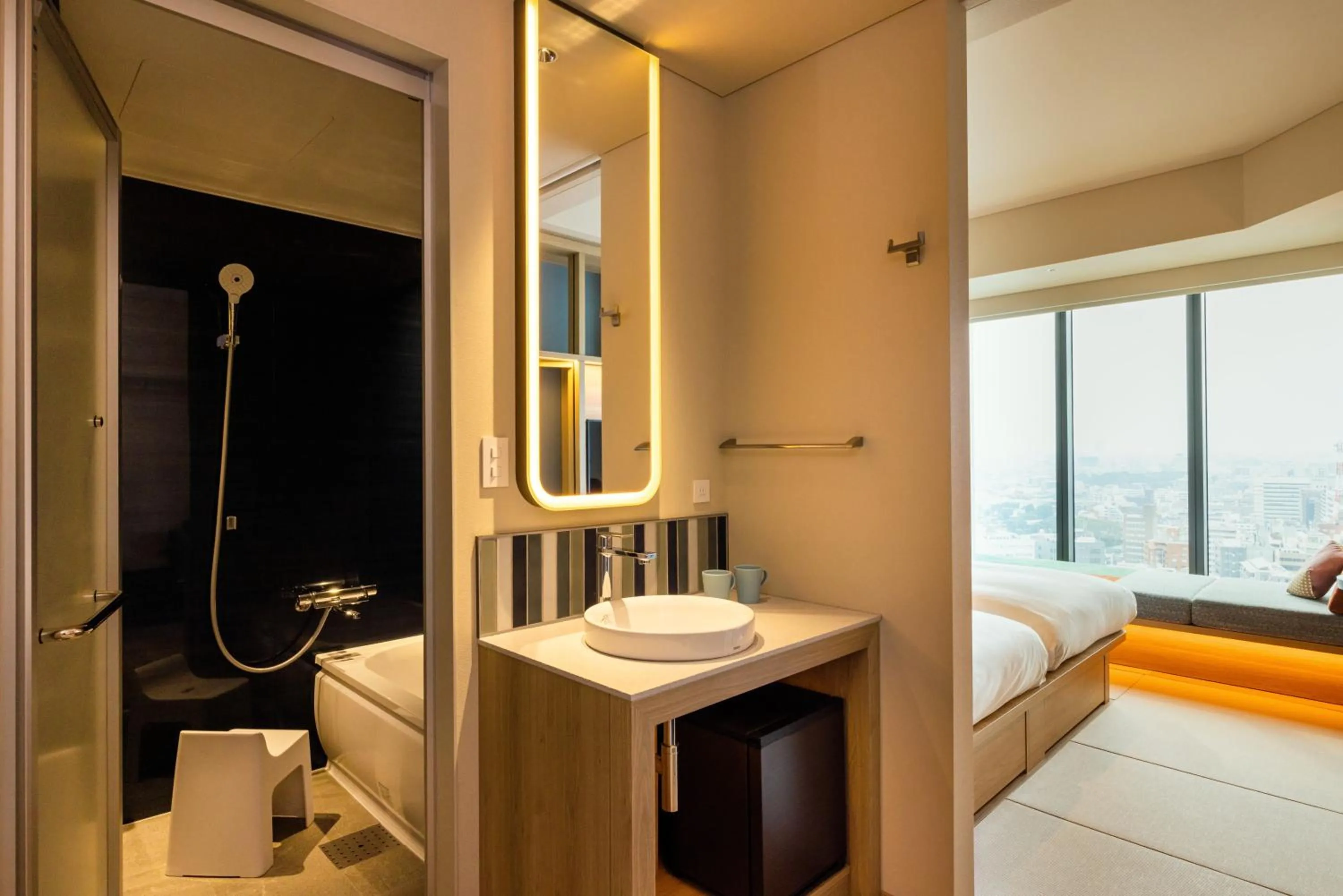 Bathroom, Bed in OMO5 Tokyo Gotanda by Hoshino Resorts