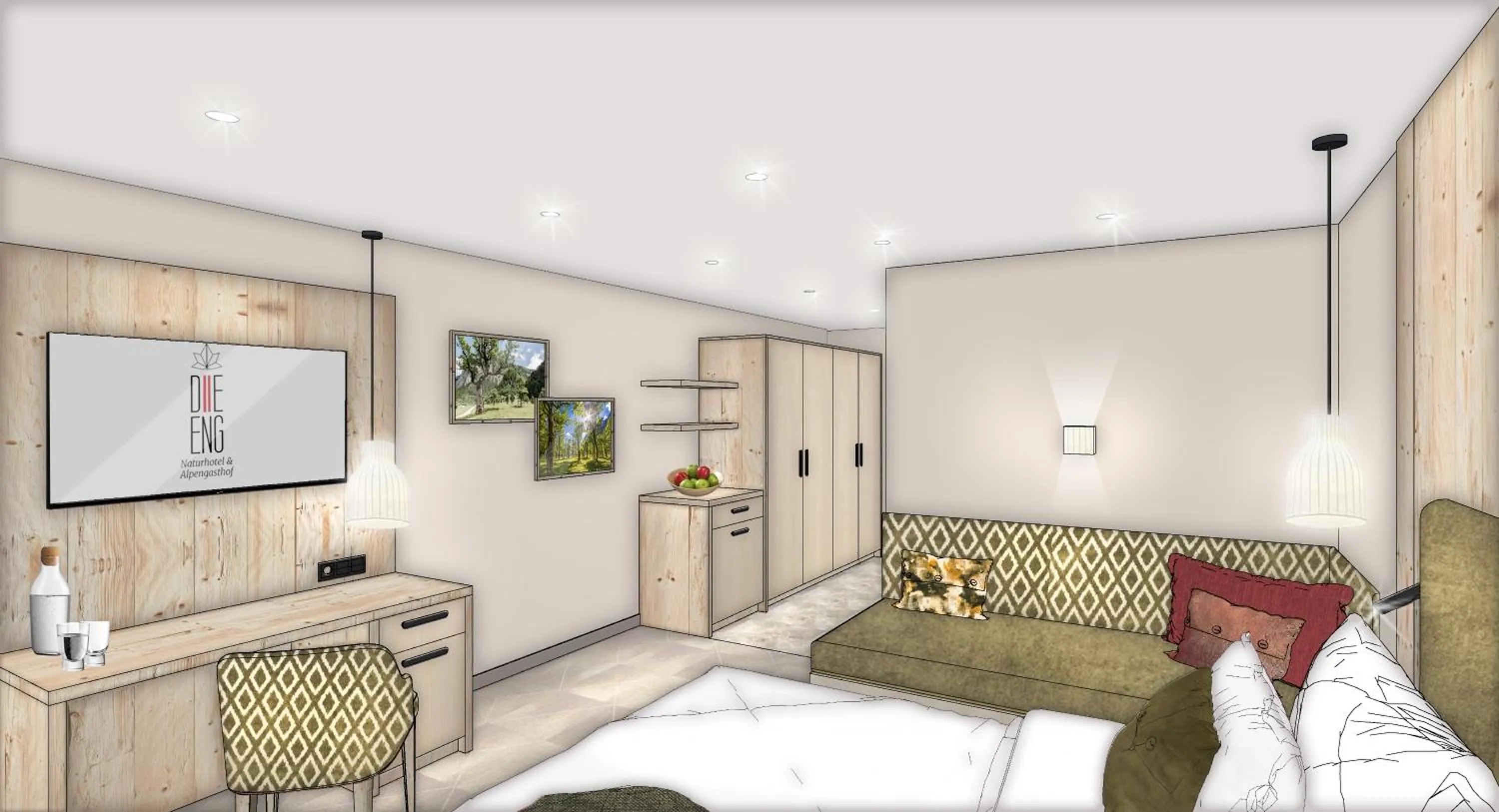 Seating area, Bed in Das Naturhotel die Eng