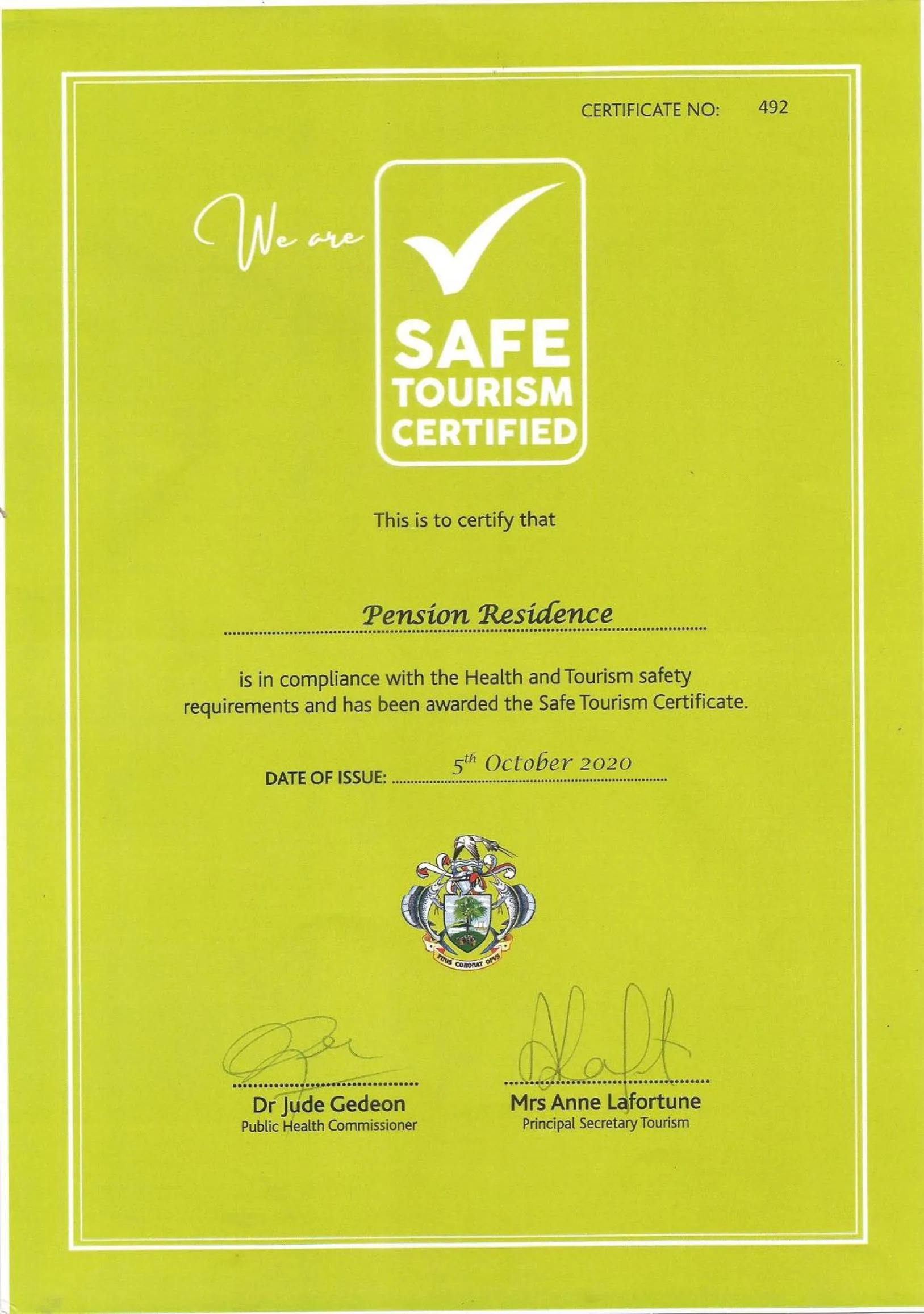 Certificate/Award in Chez Michellin Pensions Residence