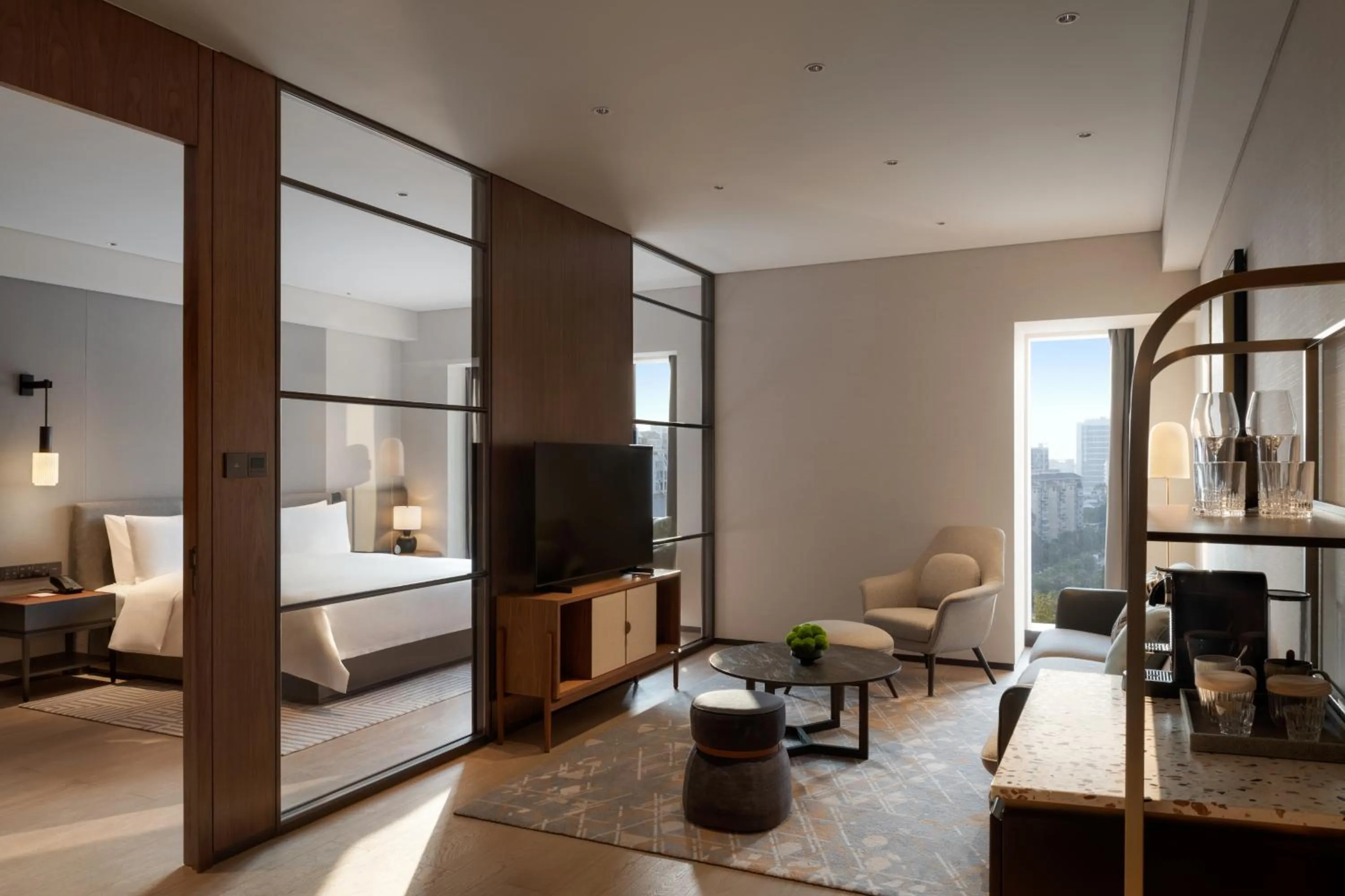 Living room, Bed in New World Guangzhou Hotel