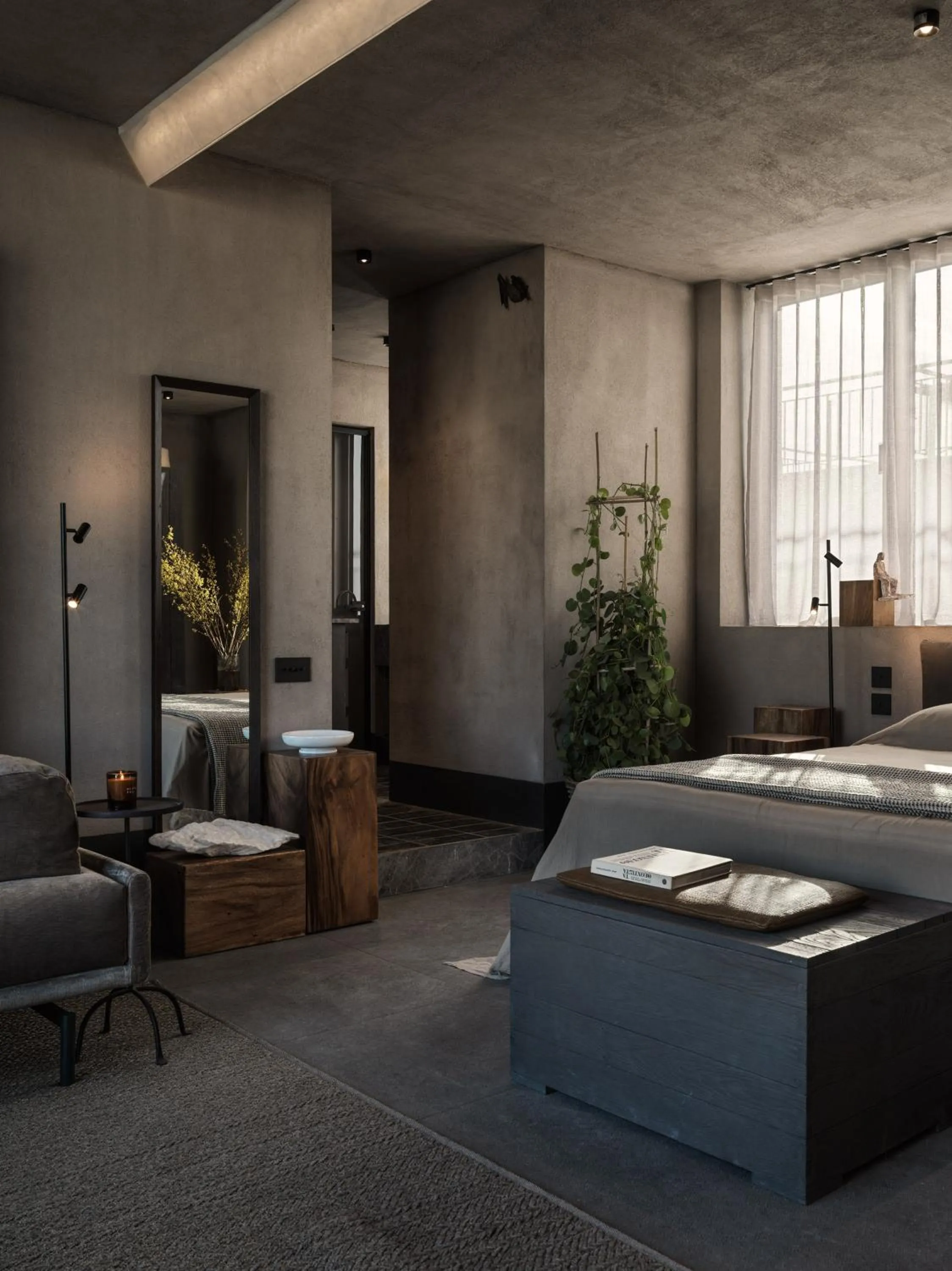 Seating area, Bed in Monastik Living in Athina