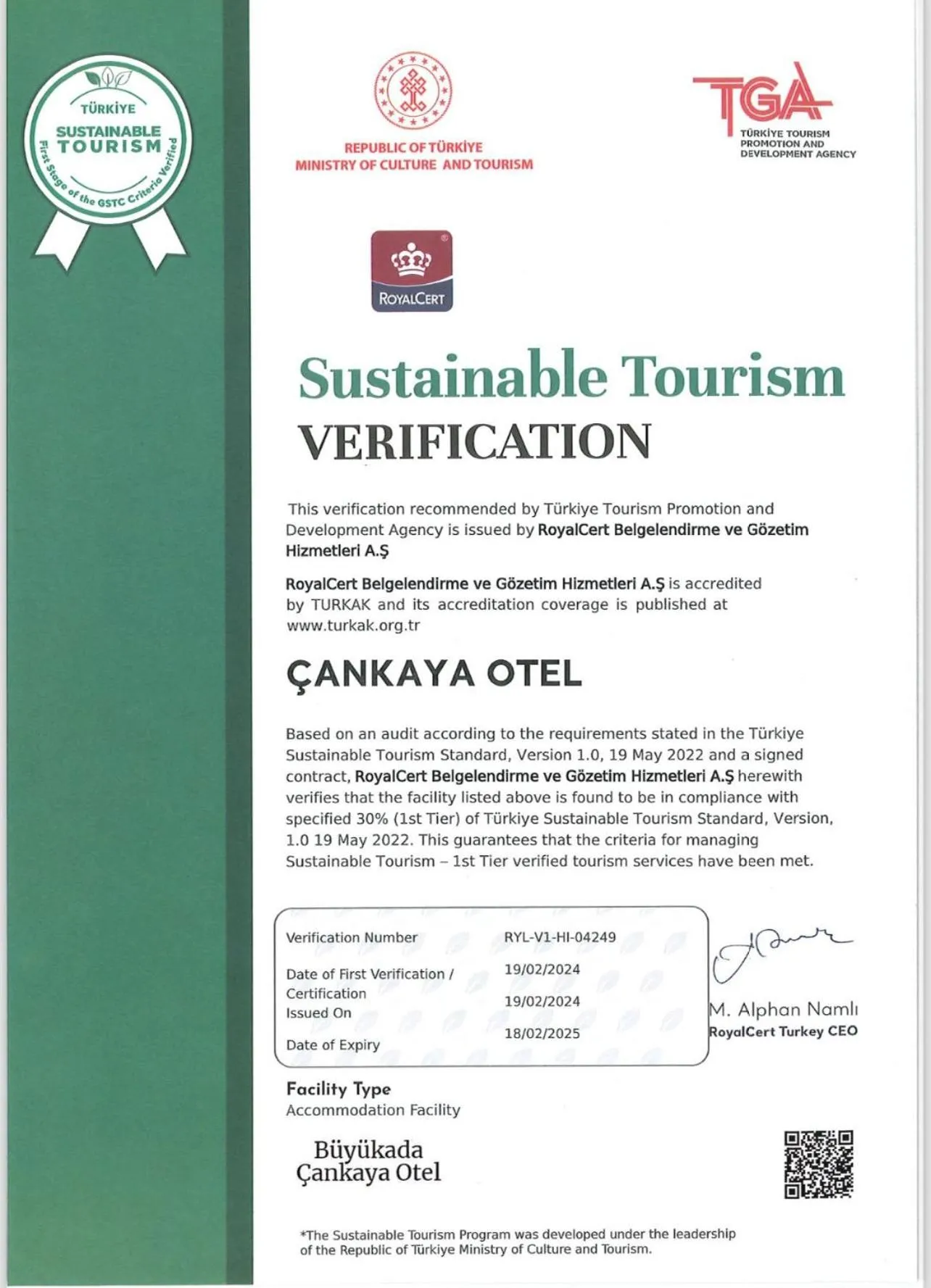 Certificate/Award in Buyukada Cankaya Hotel