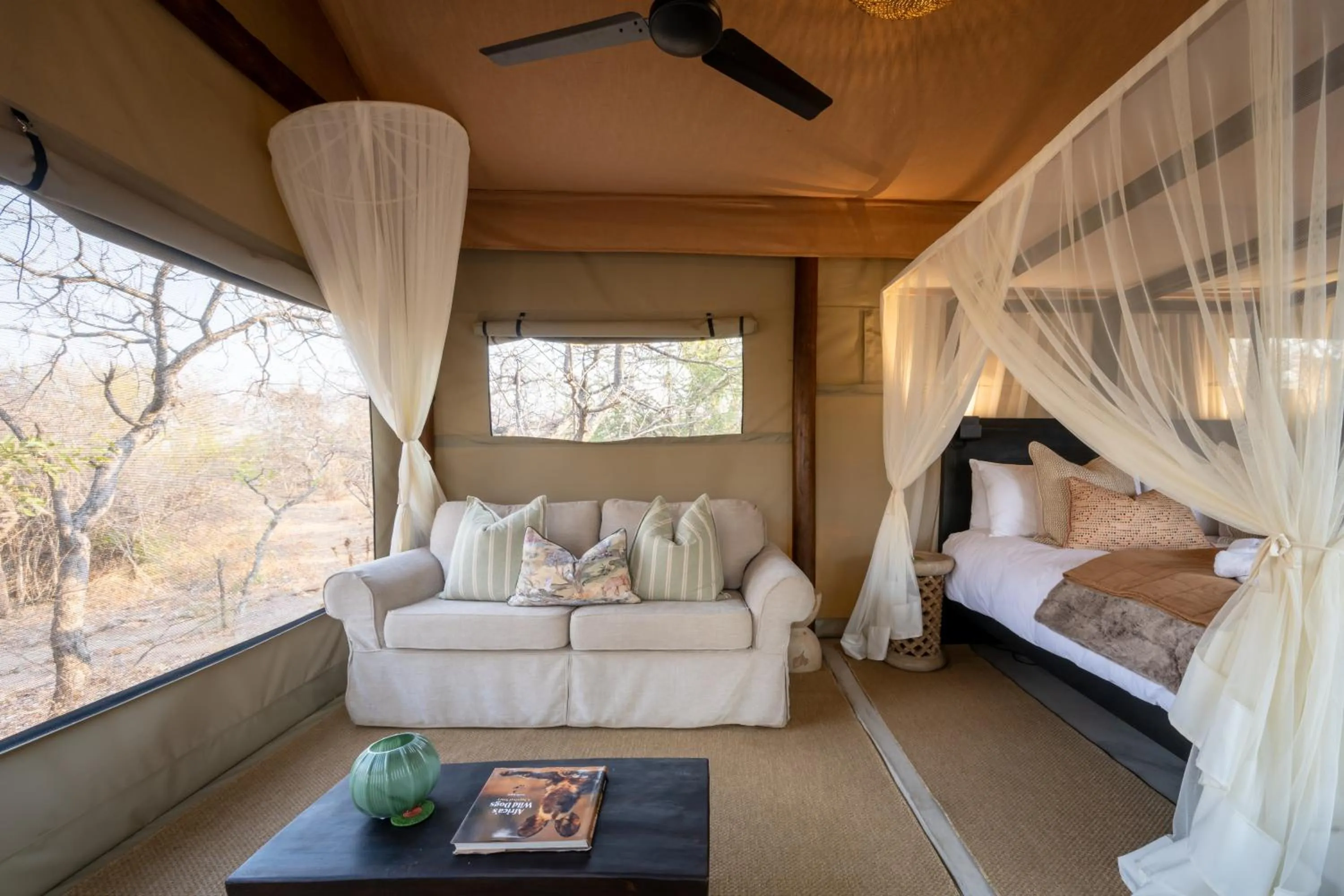 Seating area, Bed in Sausage Tree Safari Camp