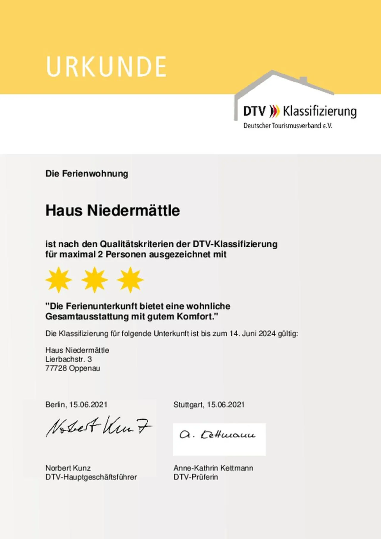 Certificate/Award in Haus Niedermättle