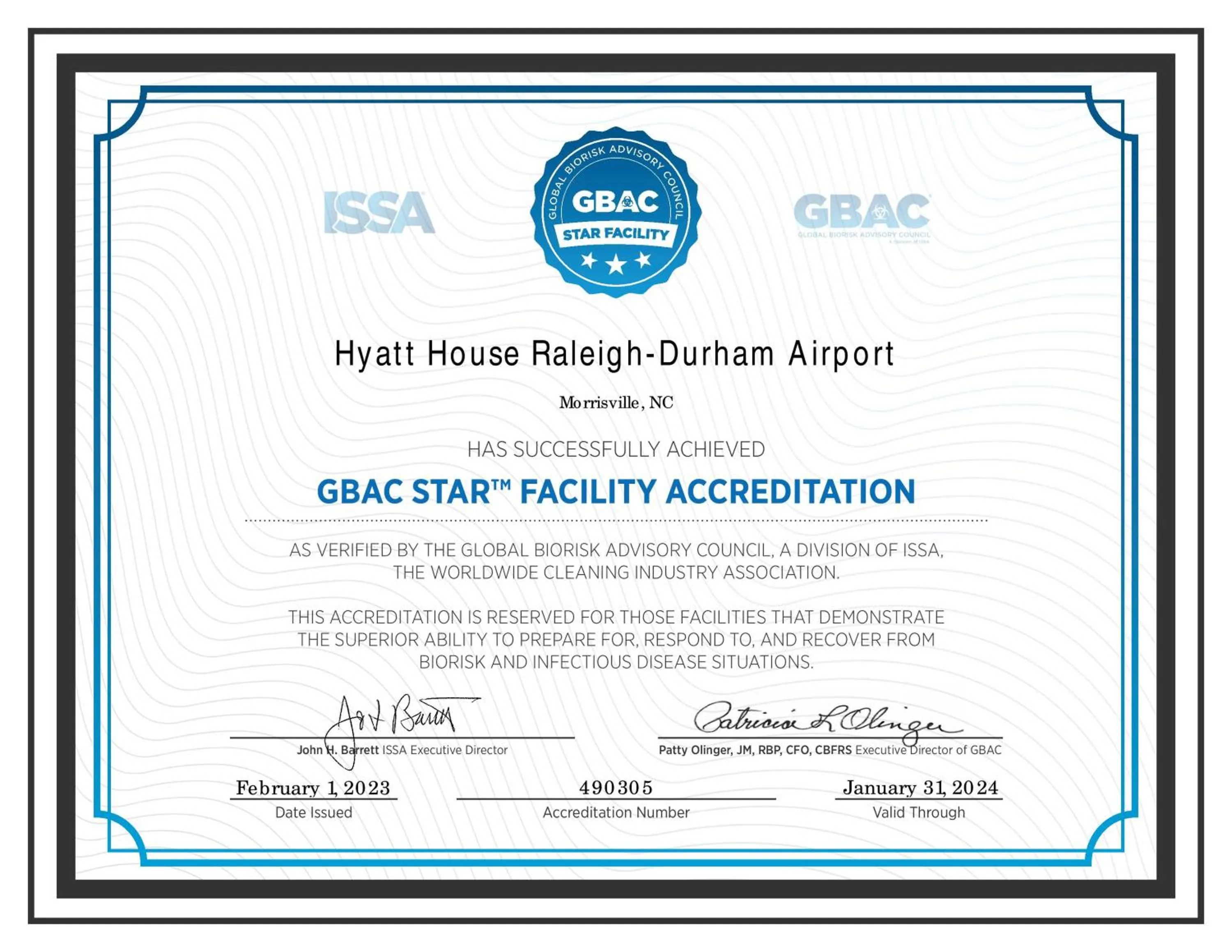 Certificate/Award in Hyatt House Raleigh Durham Airport