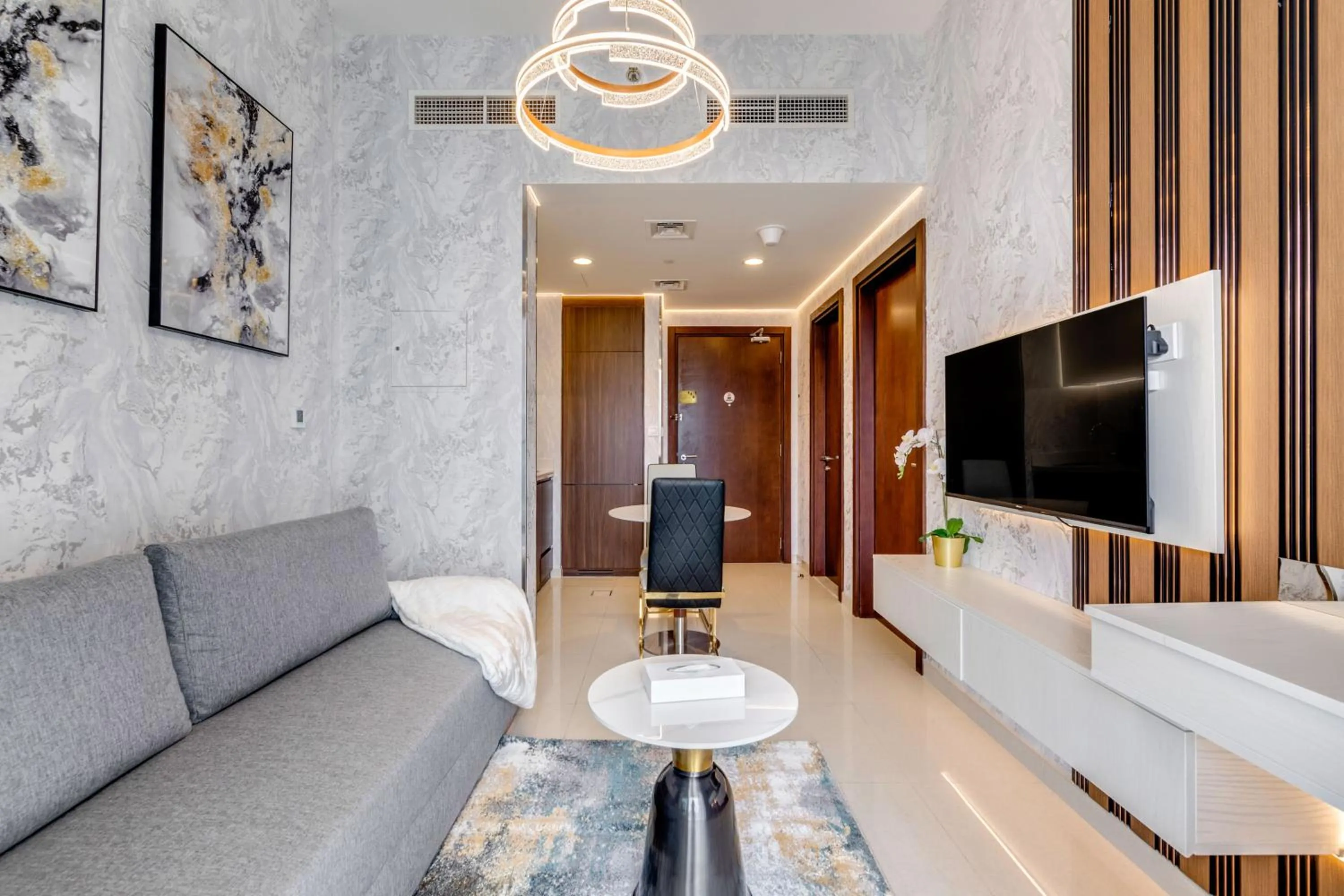 TV and multimedia, Bed in GLOBALSTAY. Luxury Apartments Near The Dubai Canal