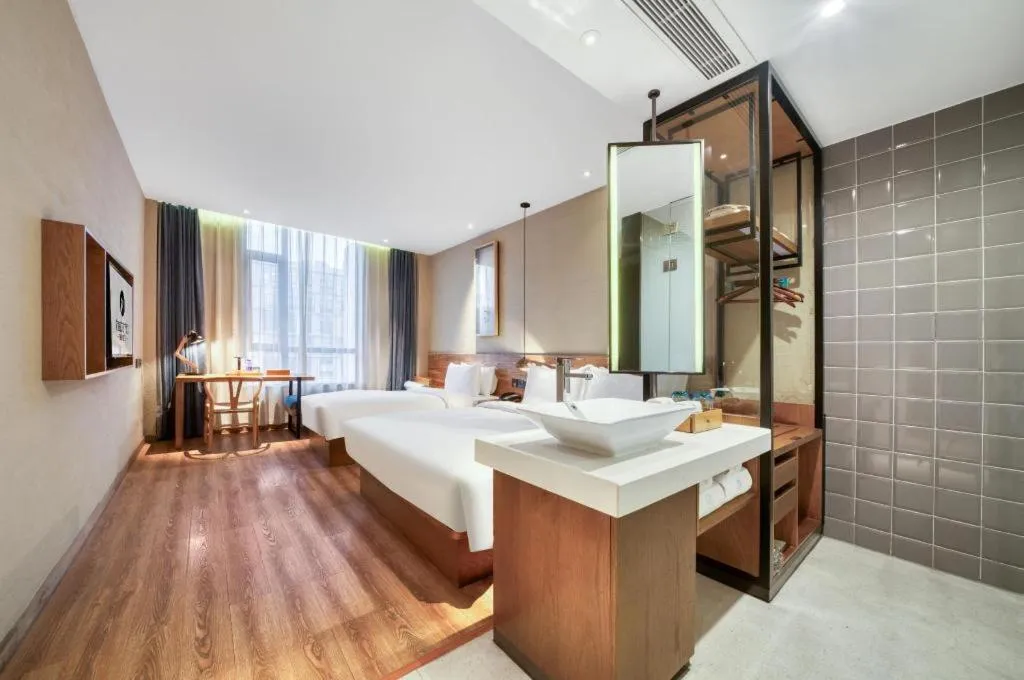 Bed in Yiqi Ecological Art Hotel Hangzhou Xixi Wetland Park Branch