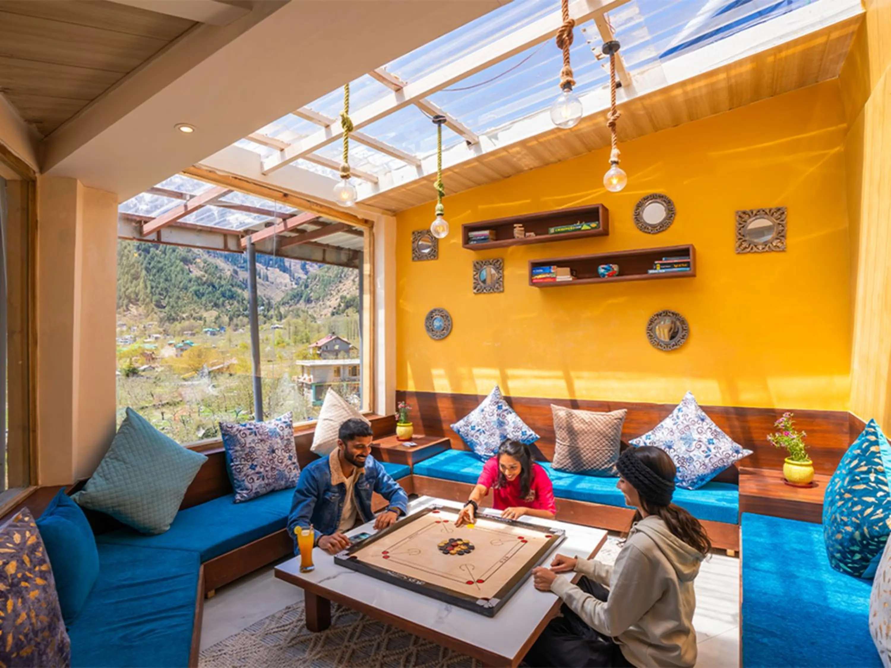 Seating area in Moustache Manali