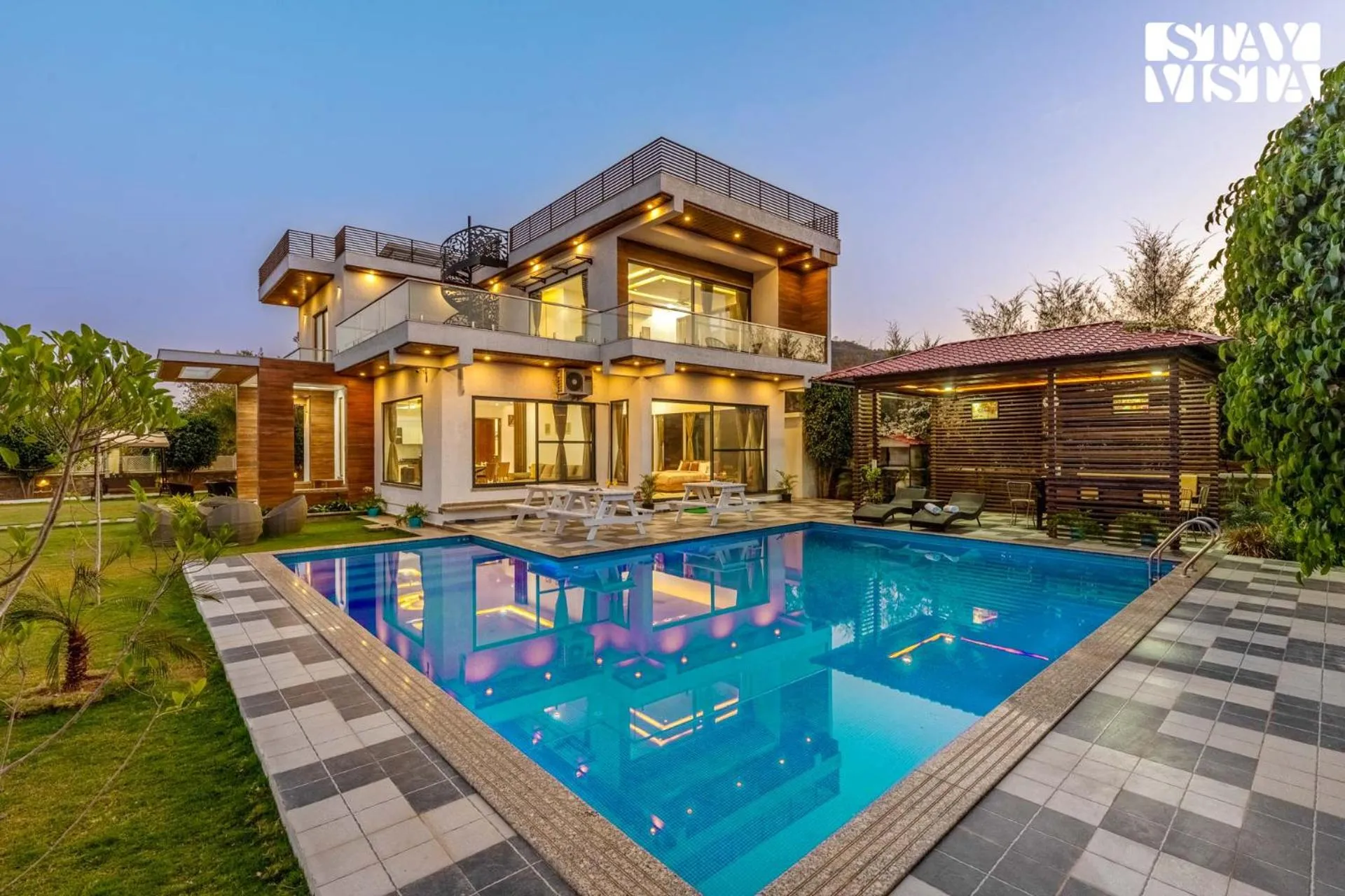 StayVista's Bella Dream - Mountain-View with Outdoor Pool, Lawn featuring a Gazebo & Indoor Games