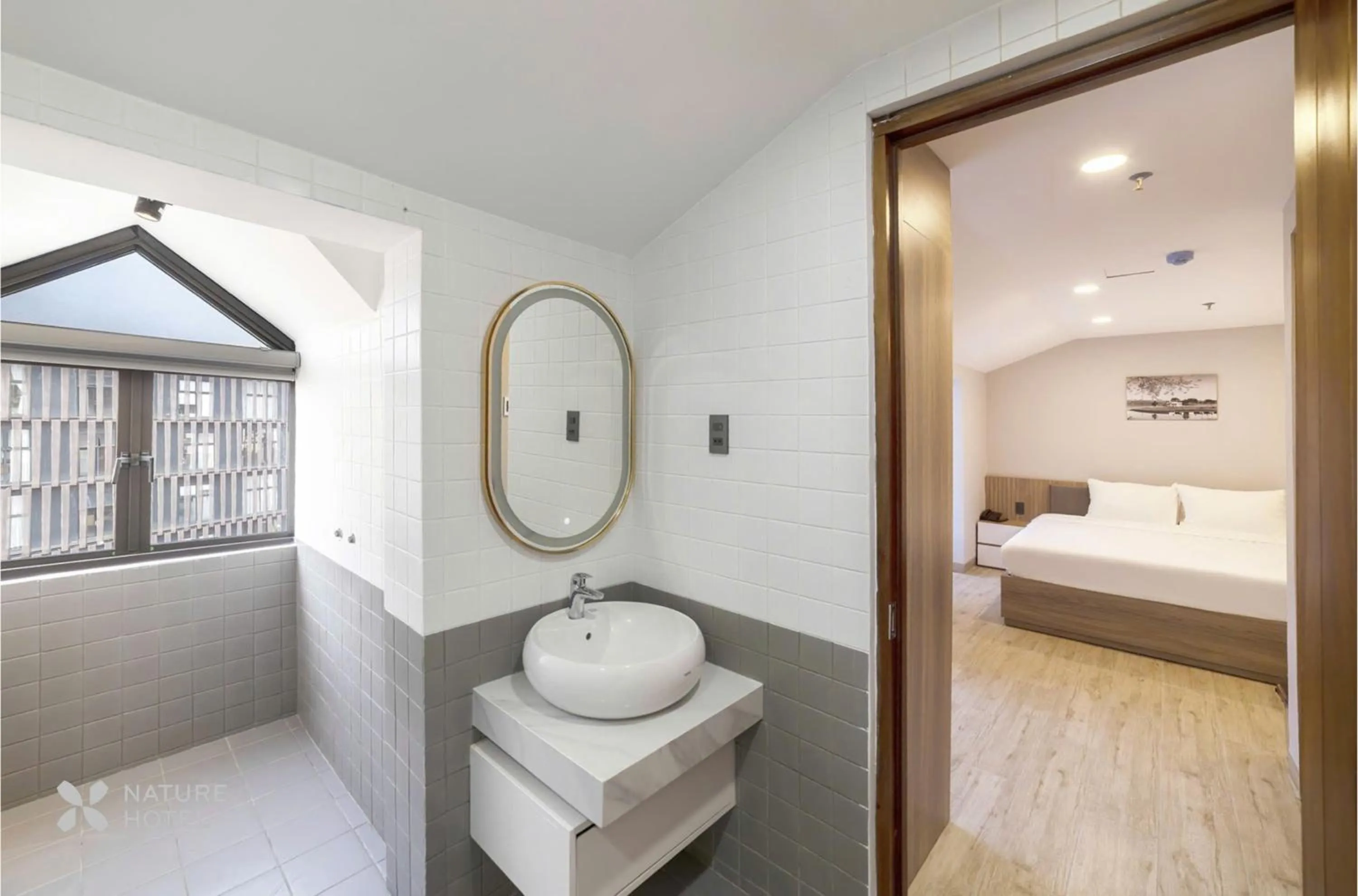 Bathroom, Bed in Nature Hotel - Win Happy