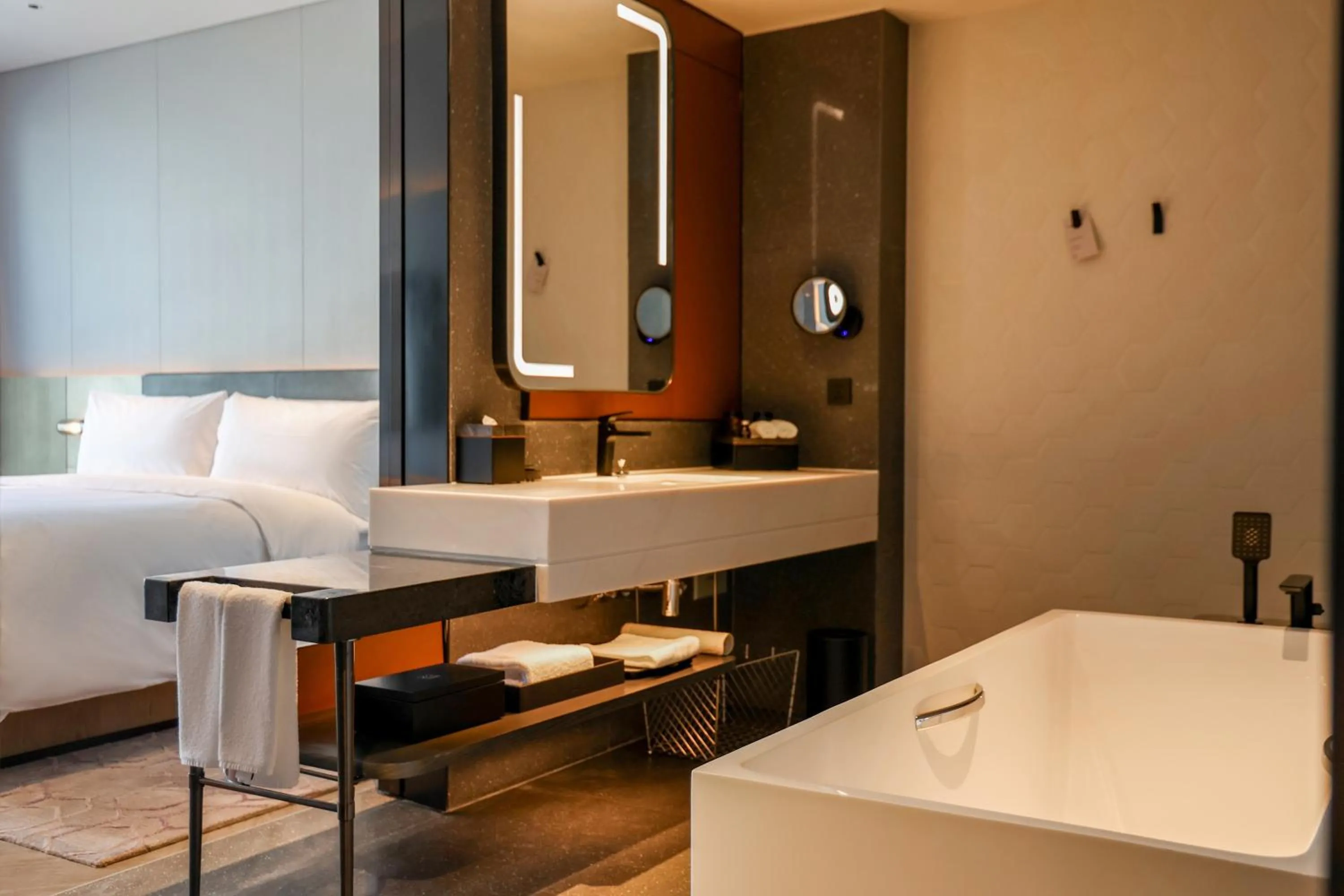 Bathroom, Bed in AC Hotel by Marriott Chengdu North