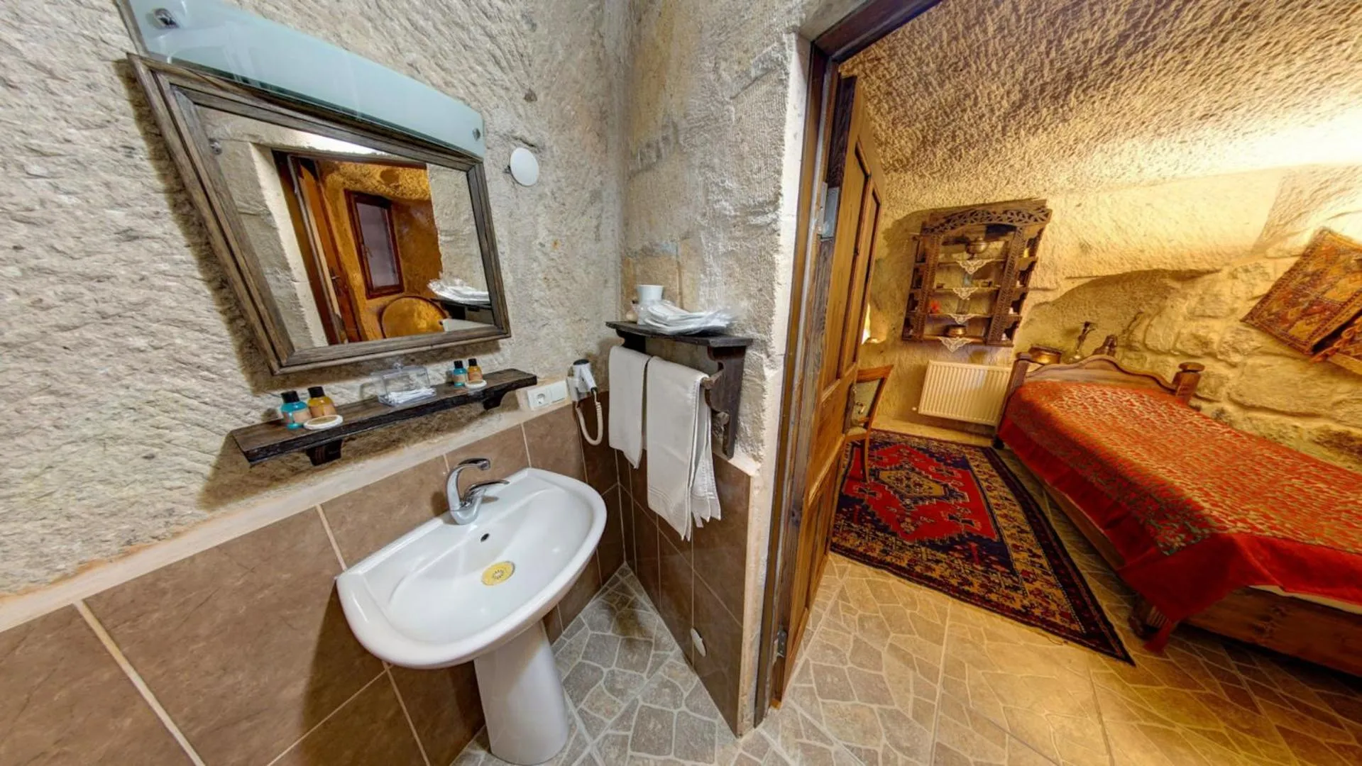 Bathroom, Bed in Turkish Cave House