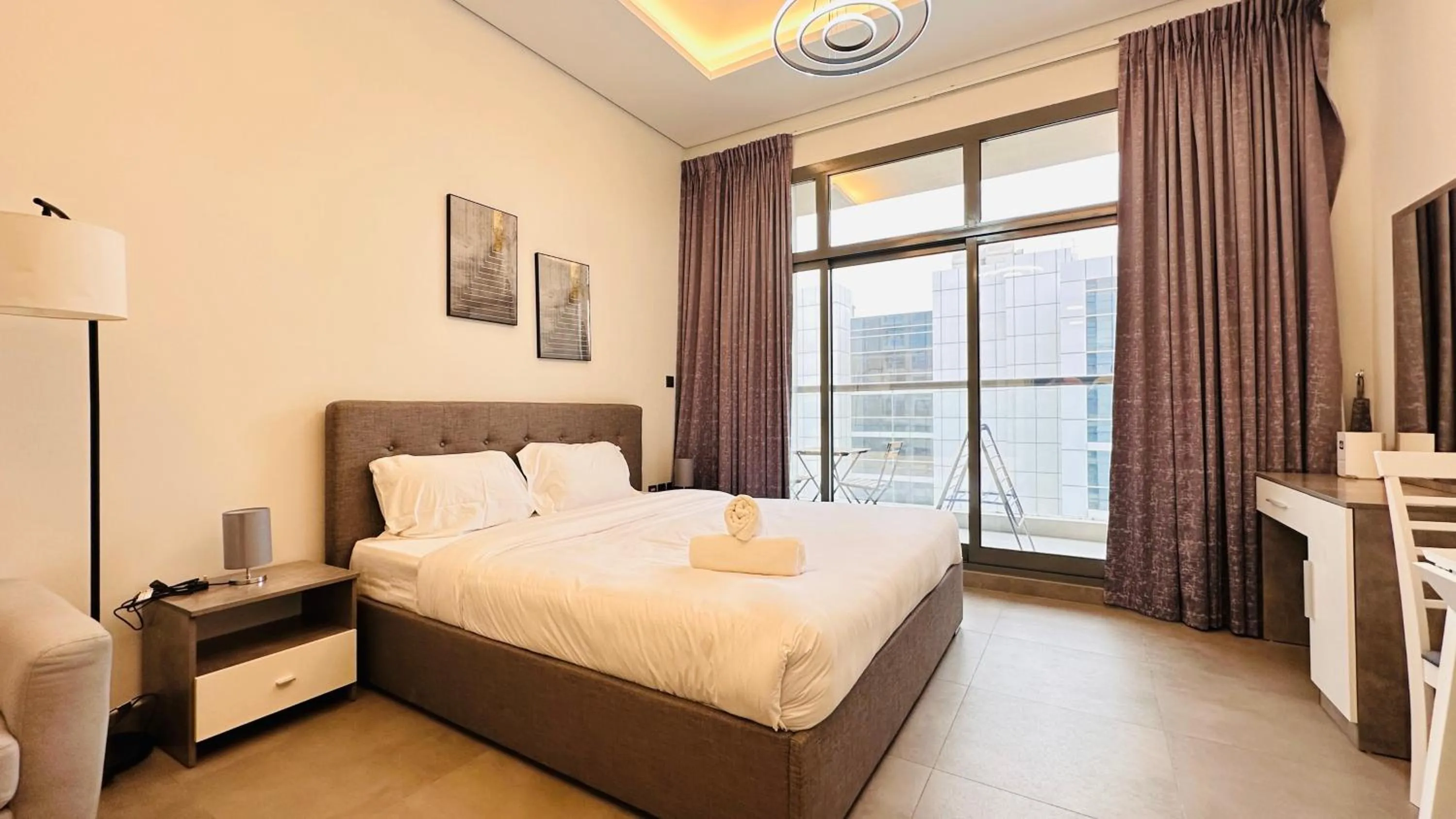 Bedroom, Bed in Luxurious Studio Apartment Burj View with Balcony Free Parking by Belvilla