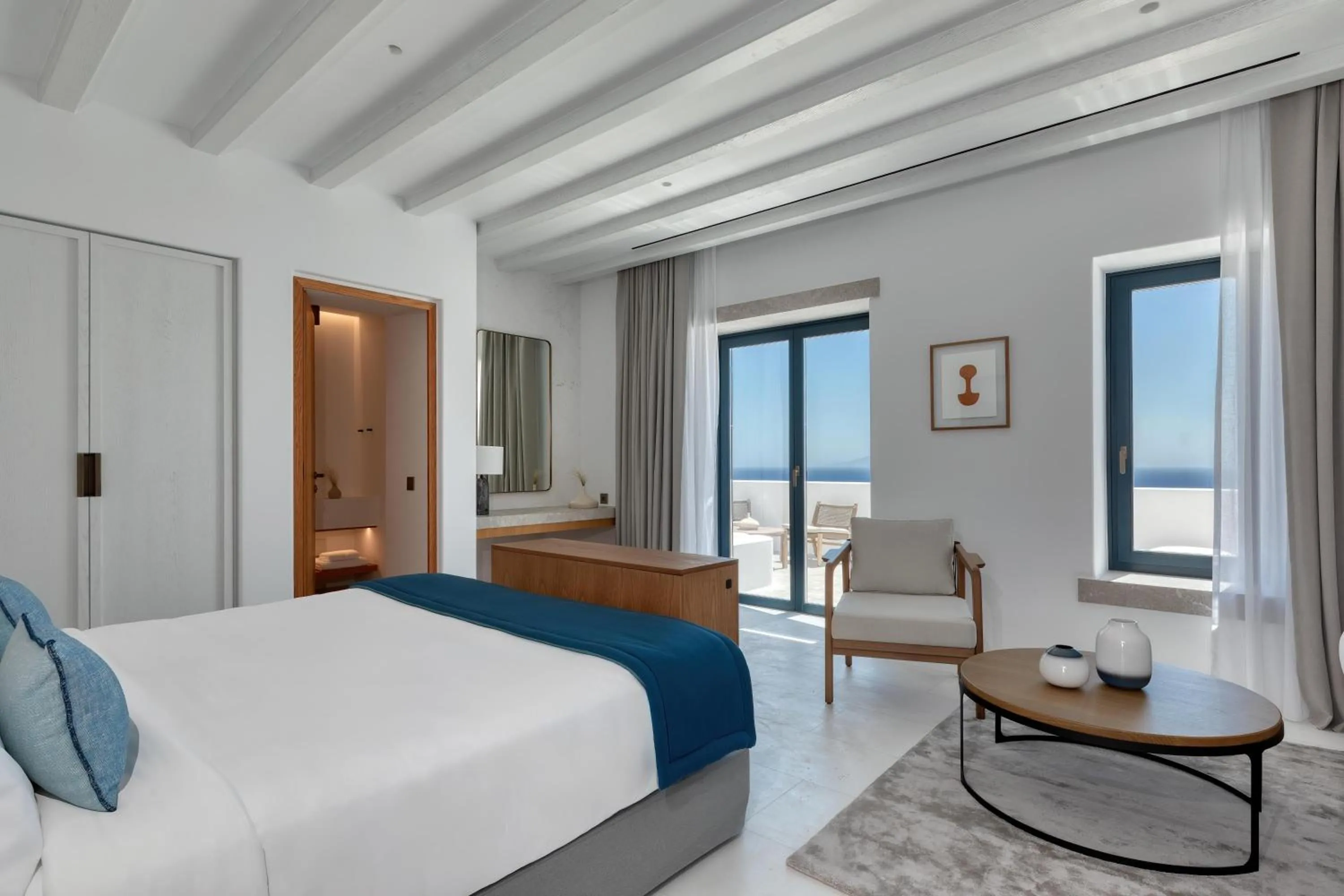 View (from property/room), Bed in Sandblu Santorini, LXR Hotels & Resorts