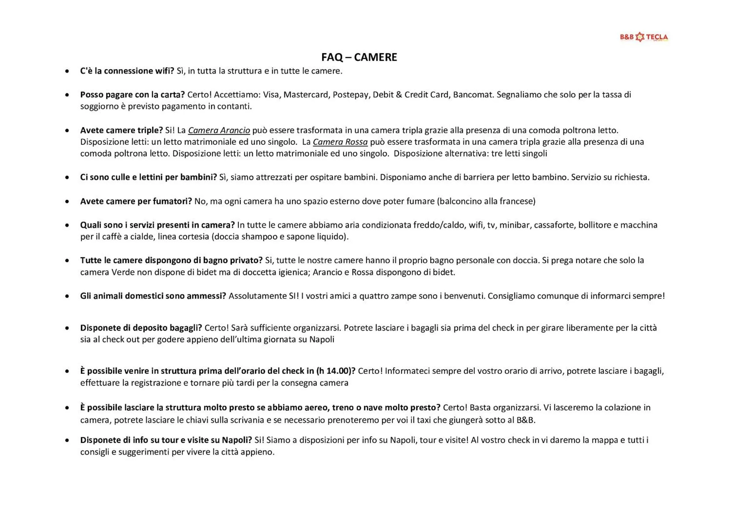 Area and facilities in B&B Tecla