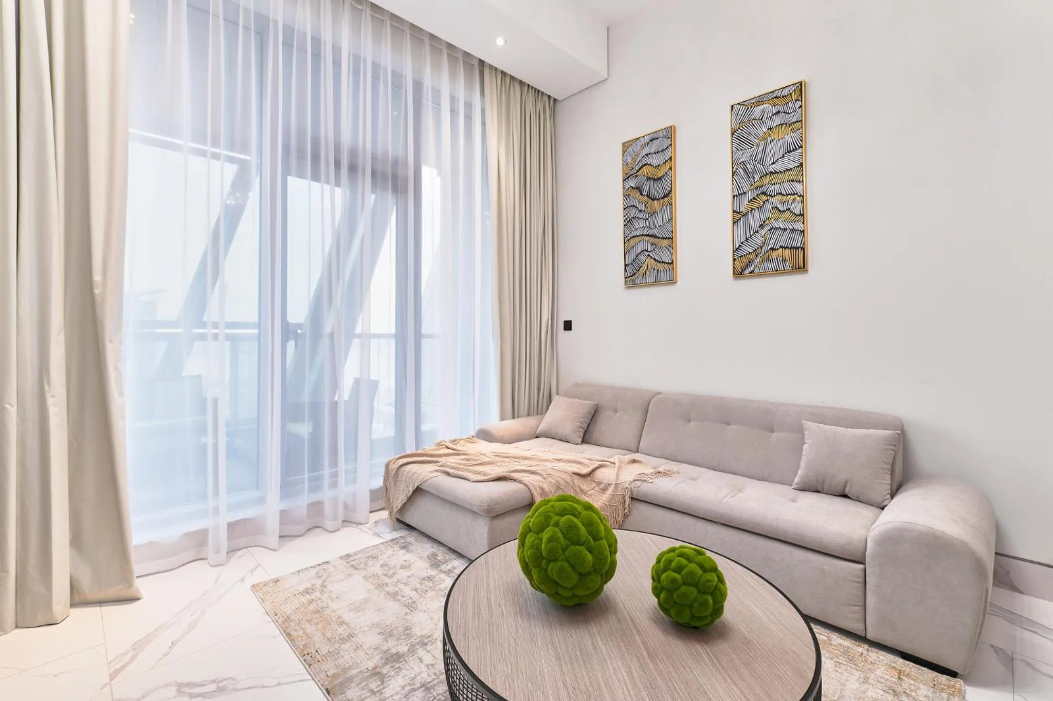 Living room, Bed in GLOBALSTAY J One Tower Apartments at Pearl of UAE