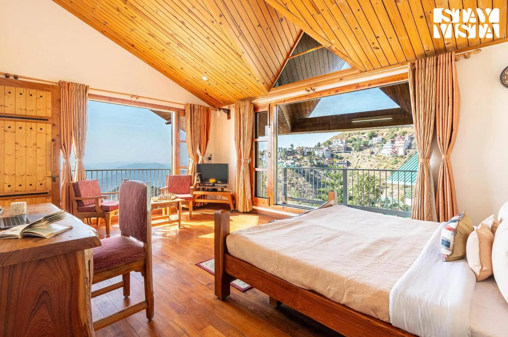 Bedroom, Bed in StayVista at The Rustic Retreat - 4BHK Valley View villa with Lawn, Bonfire