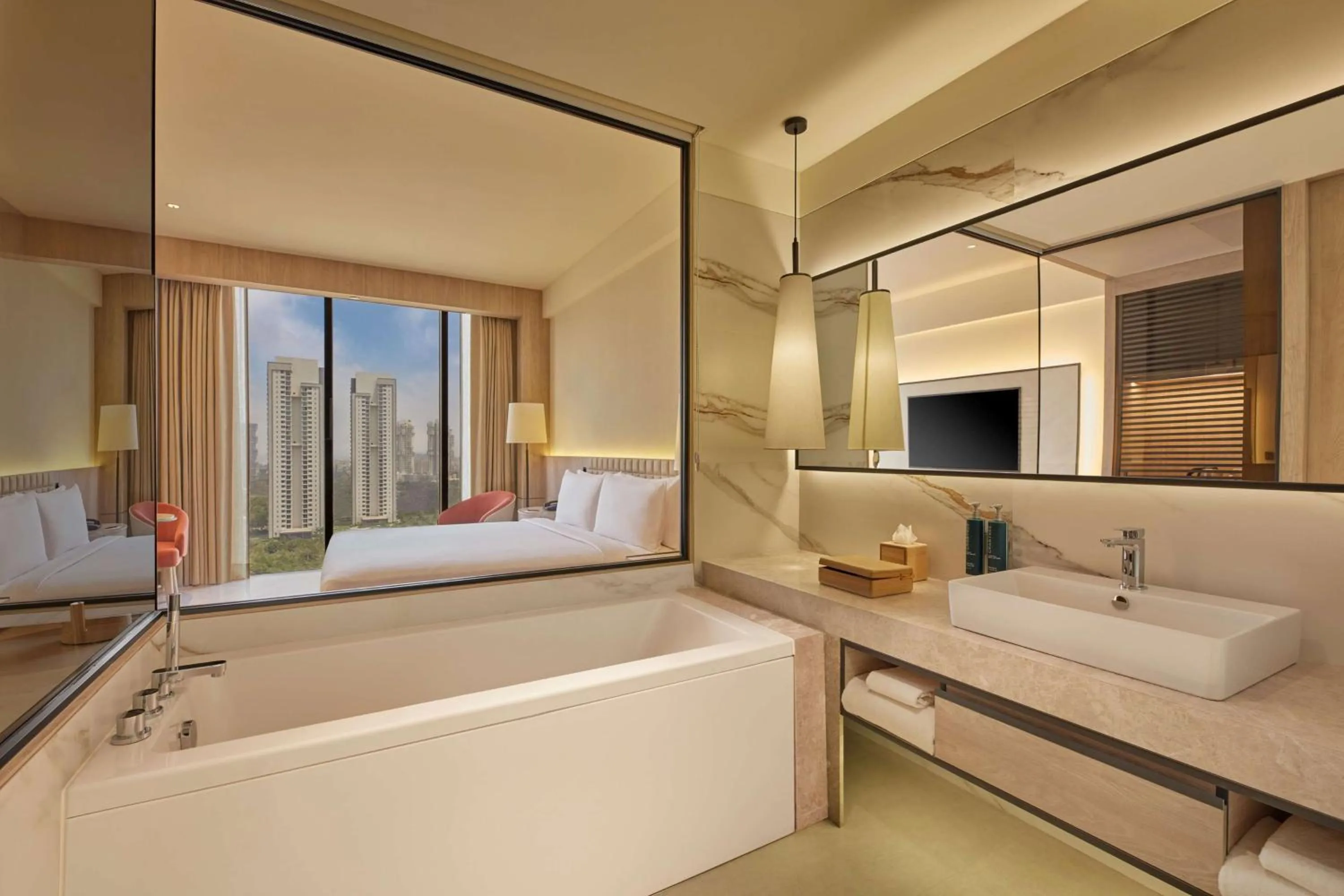 Bathroom, Bed in Hilton Gurugram Baani City Centre