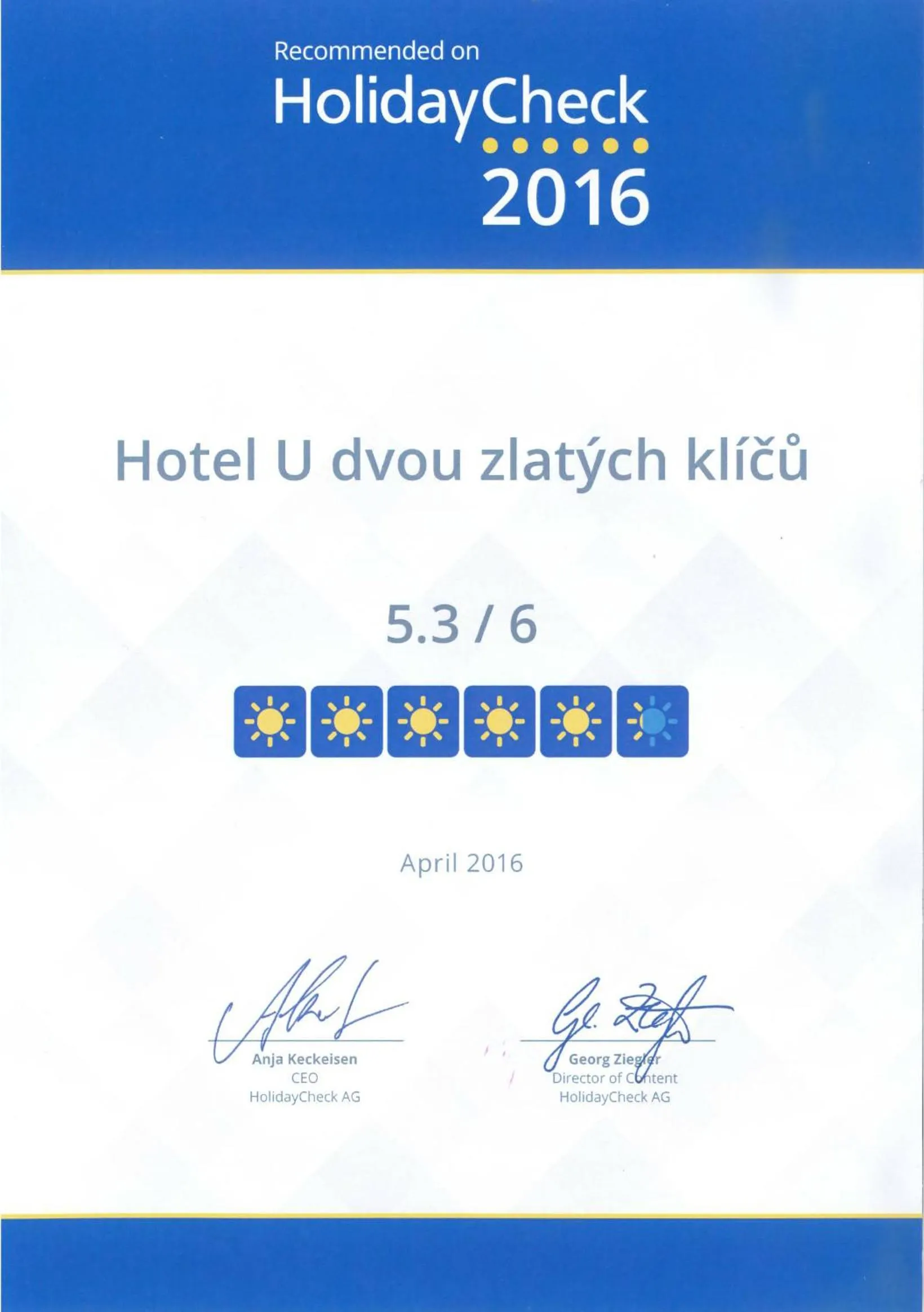 Certificate/Award in Hotel U dvou zlatých klíčů