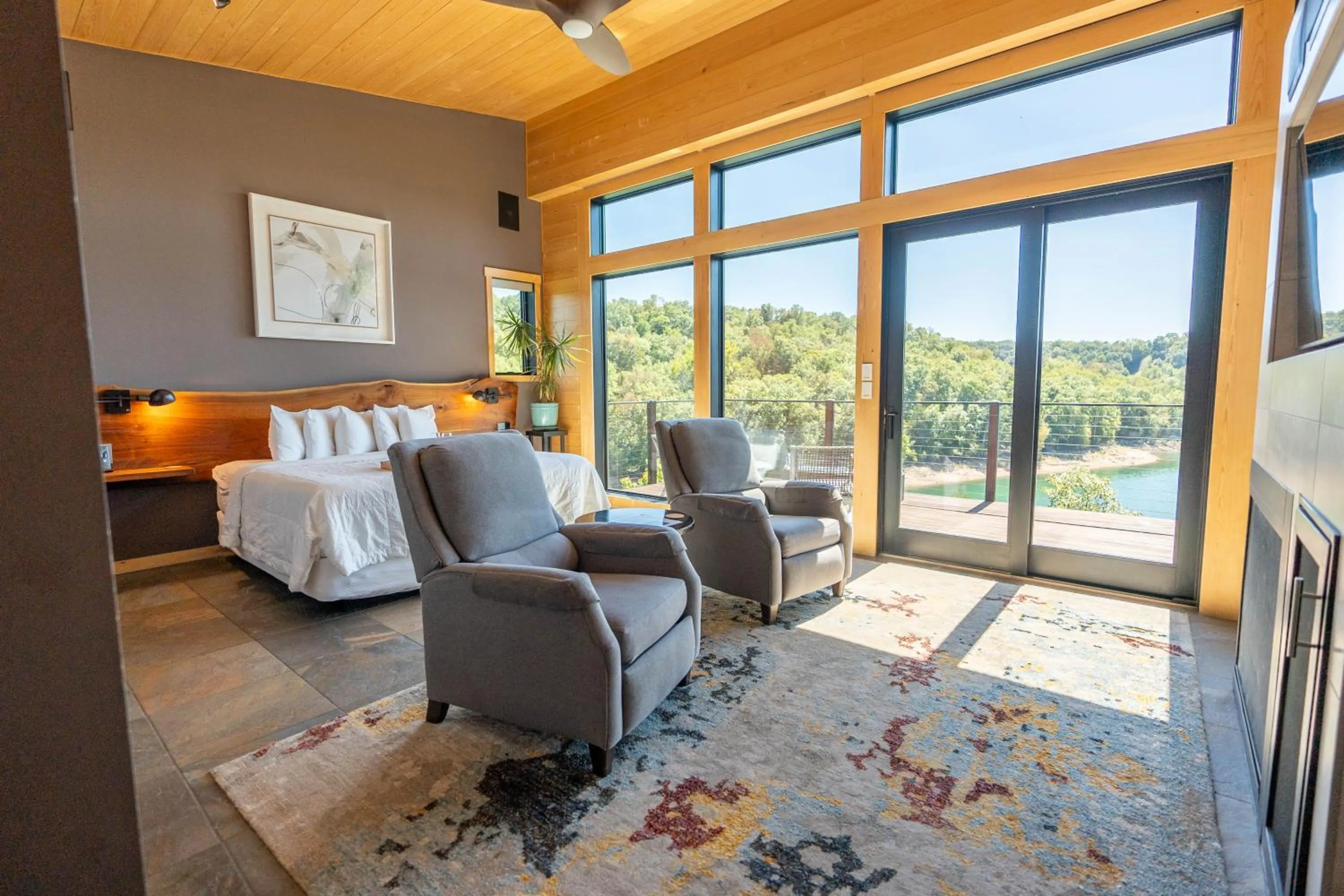 Balcony/Terrace, Bed in Beaver Lakefront Cabins - Couples Only Getaways