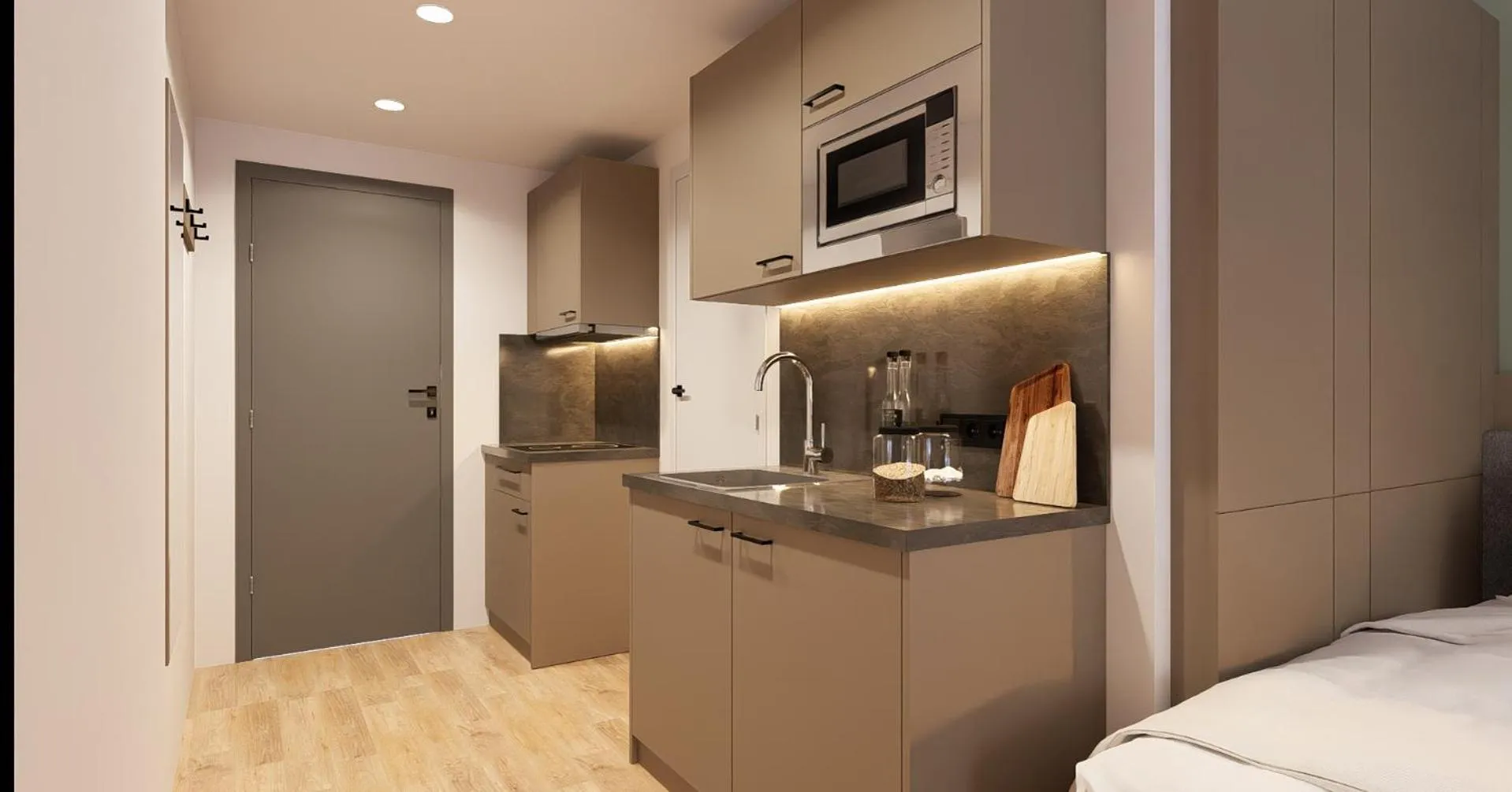 Kitchen or kitchenette, Bed in Brera Serviced Apartments Böblingen Sindelfingen