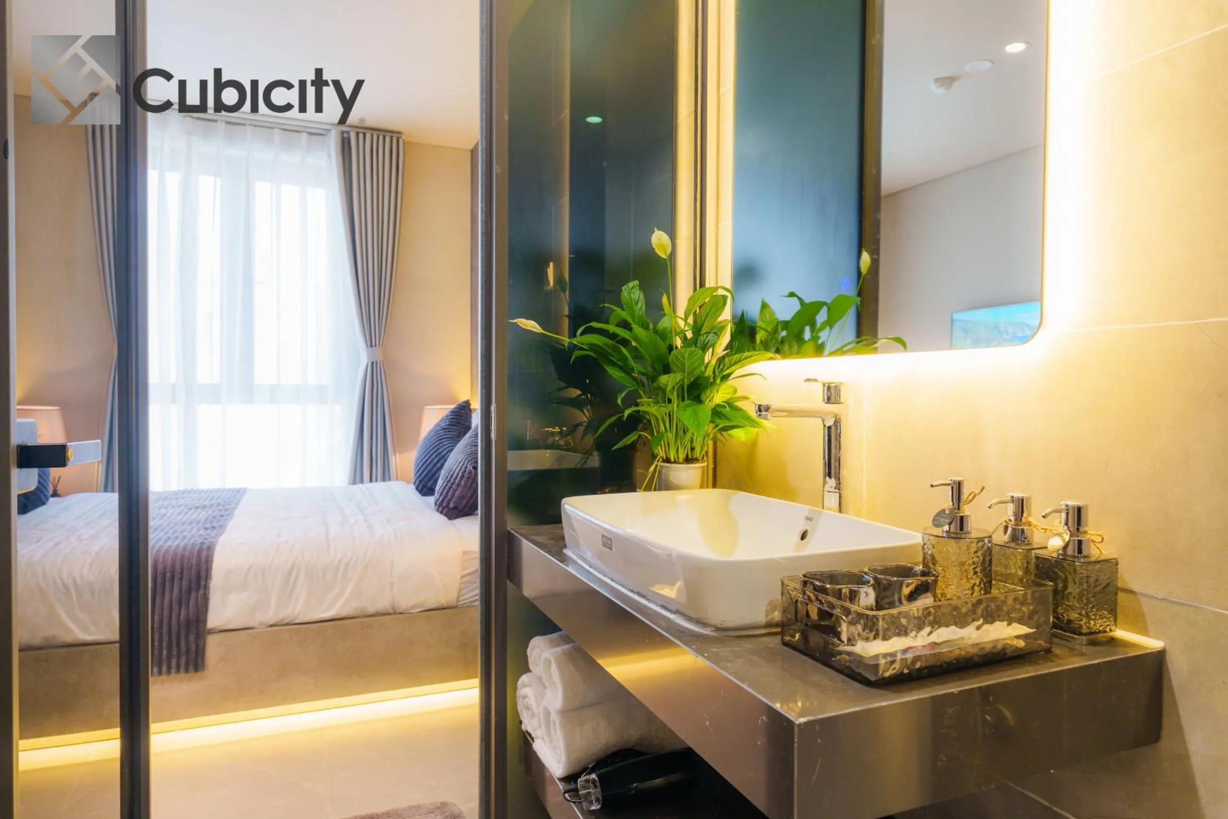 Bathroom, Bed in Cubicity Wall Street House