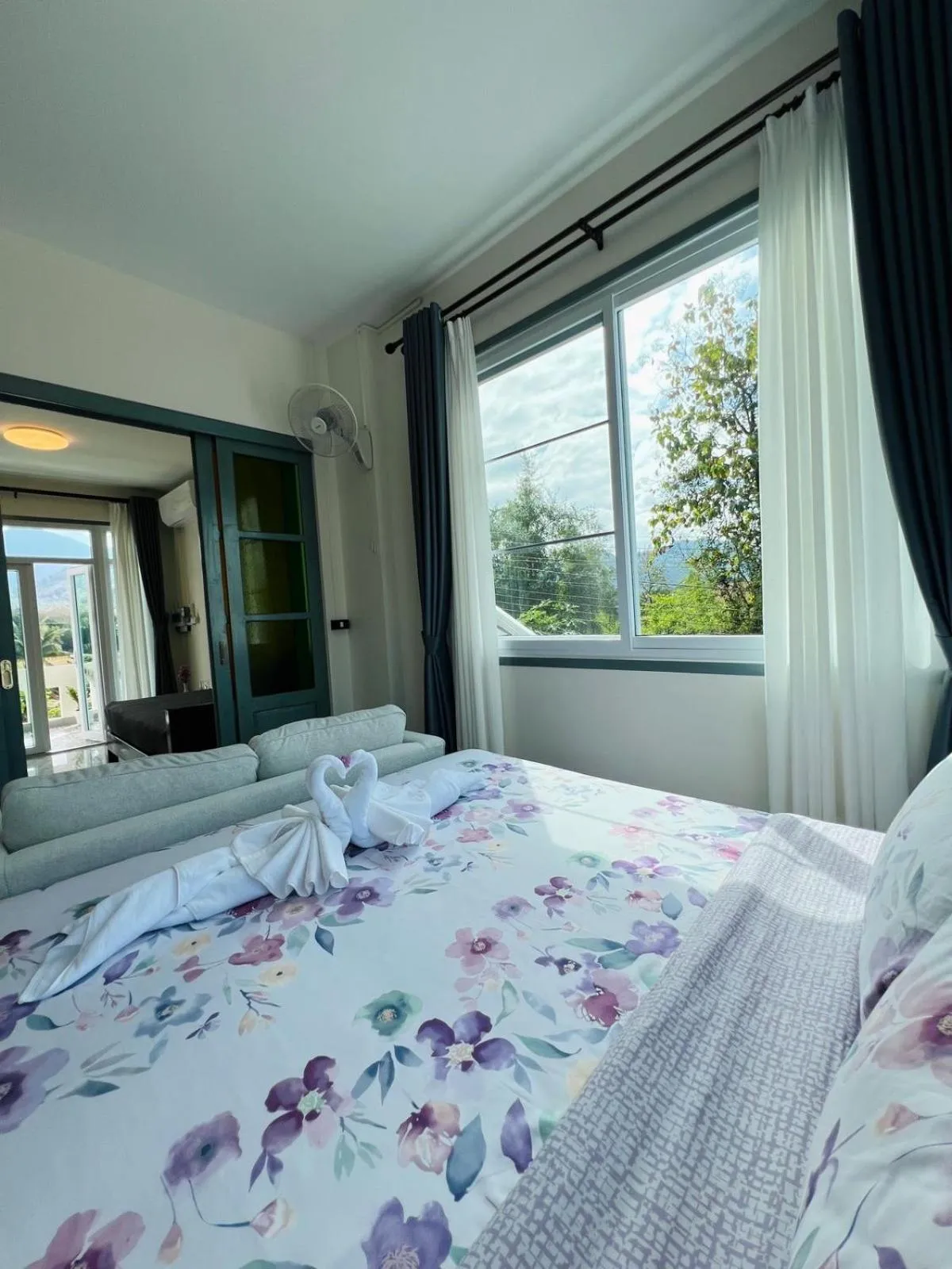 Bed in Garden House Rice Field and Mountain View