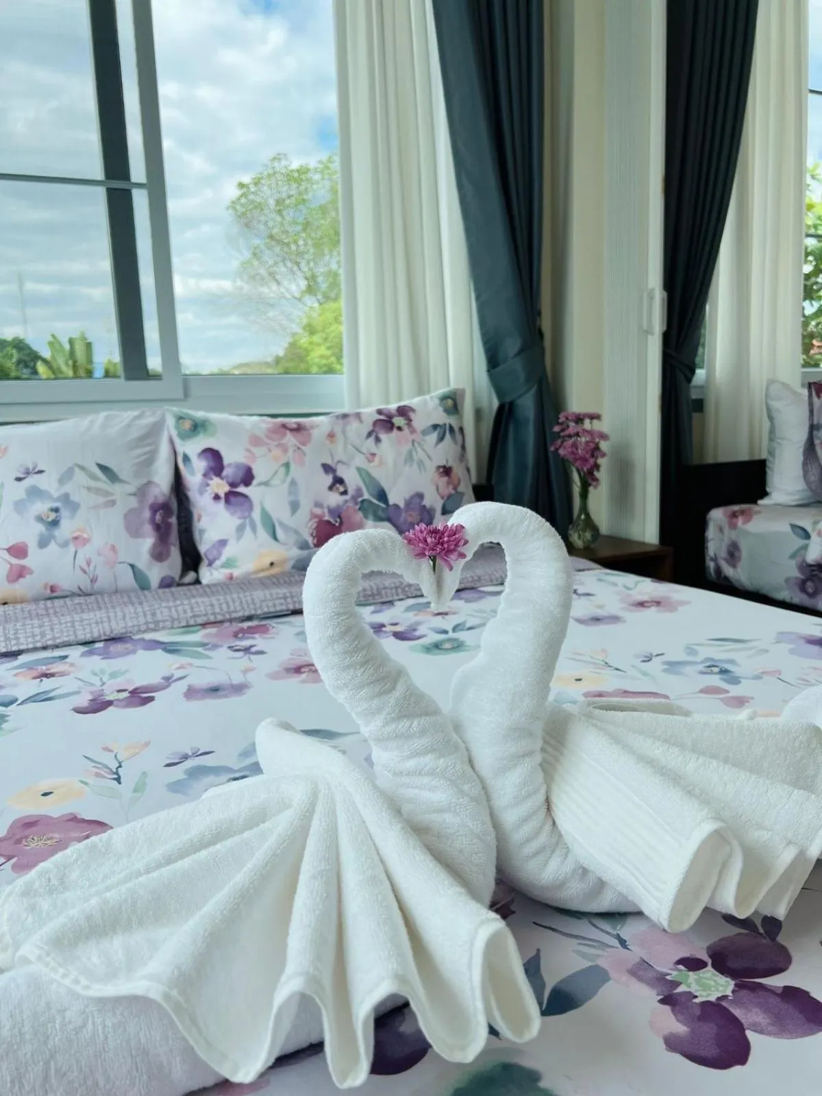 Bed in Garden House Rice Field and Mountain View