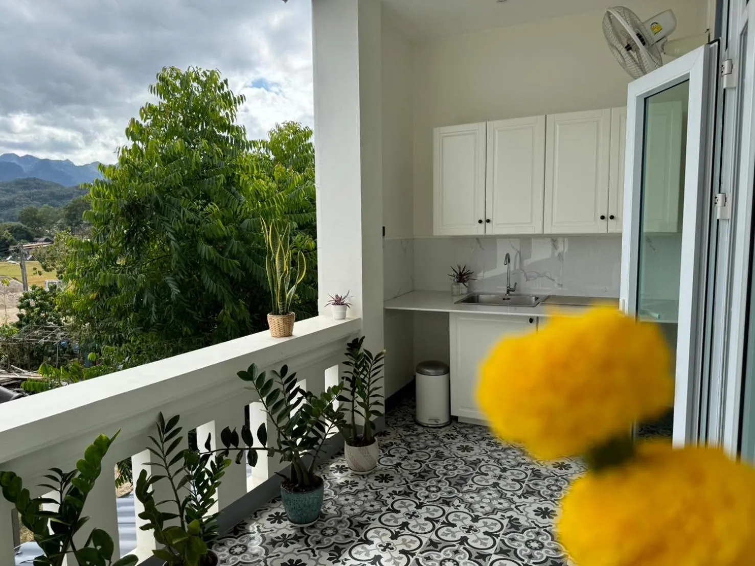 Balcony/Terrace in Garden House Rice Field and Mountain View